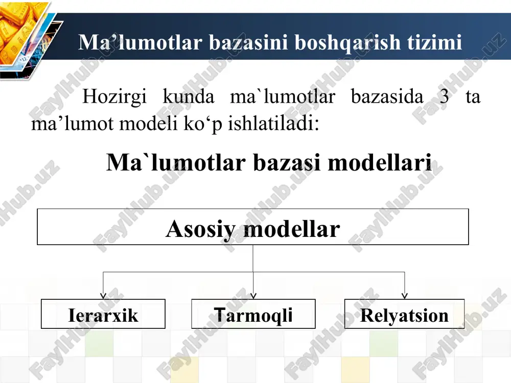 umot baza modeli nima ierarxik (shajara) modeli ma’lumot modeli va uning asosiy xarakteristikalari tarmoqli model ma’lumot va uning asosiy xarakteristikalari mashqlar. ierarxik modelga misol ketiring va uni sxemasini chizing. tarmoqli modelga misol ketiring va uni sxemasini chizing. berilgan ierarxik (shajara) modeli ma’lumot modeli jadval ko‘rinishda tasvirlang logo logo ульман –чен диаграммаси ульман –чен диаграммаси ульман-чен диаграммаси ульман –чен диаграммаси