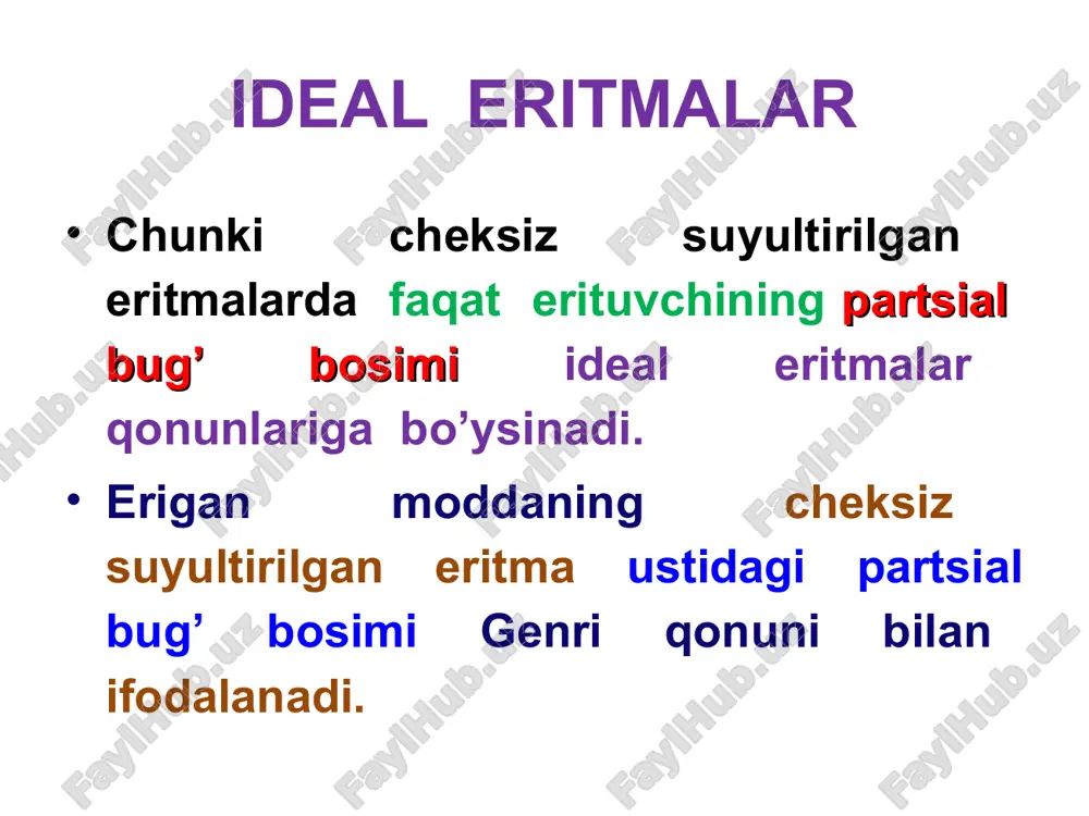 imida maksimum bo’lgan aralashmalarda (rasmlarda) x1<xa da bug’ uchuvchanligi kamroq bo’lgan 1–komponent bilan boyigan, u qo’shilganda umumiy bosim ortadi. xuddi shunday, keyingi rasmda x1<x1 da bug’ uchuvchanligi kamroq 2–komponent bilan boyigan. vrevskiy qonunlari. uchuvchan aralashma bilan muvozanatda bo’lgan bug’ning tarkibiga harorat ta’sirining asosiy qonuniyatlari vrevskiy qonunlari bilan ifodalanadi. vrevskiyning 1-qonuni: o’zgarmas tarkibli eritmaning harorati oshirilganda uning bug’i partsial molyar bug’lanish issiqligi katta bo’lgan komponent bilan boyiydi. vrevskiy qonunlari vrevskiyning 2-qonuni: agar binar sistema umumiy bosimning maksimumi bilan tavsiflansa, u holda harorat ko’tarilganda azeotrop aralashmada partsial molyar bug’lanish issiqligi katta bo’lgan komponentning kontsentratsiyasi ortadi vrevskiy qonunlari agar sistema umumiy bosimning minimumi bilan tavsiflansa, (qaynash haroratining maksimumi), u holda harorat ko’tarilganda azeotrop aralashmada partsial molyar bug’lanish issiqligi kichik bo’lgan komponentning kontsentratsiyasi ortadi xaydash deflegmator. 1 –sovutgichga ulanadigan nay; 2 –kolbaga ulanadigan nay; 3, 5, 6 –deflegmatorning shisha shar solingan kengaygan qismi; 4, 7, 8 –ortiqcha suyuqlik oqib tushishga mo’ljallangan naylar. xaydash aralashmani …