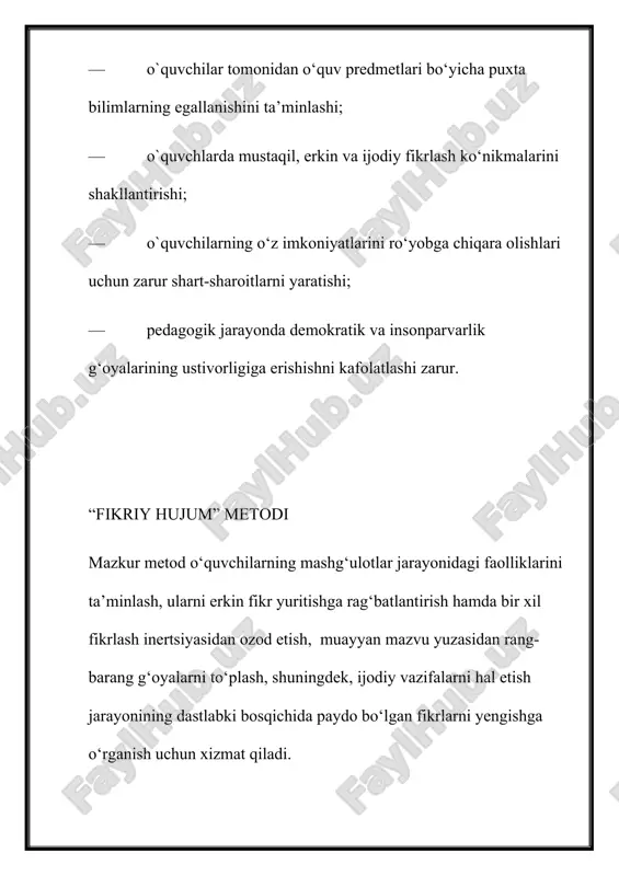 hlarda tashkil etiladi: 1-bosqich: ruhiy jihatdan bir-biriga yaqin bo‘lgan o‘quvchilarni o‘zida biriktirilgan hamda son jihatdan teng bo‘lgan kichik guruhlarni shakllantirish; 2-bosqich: guruhlarga hal etish uchun topshirilgan vazifa yoki topshiriqlar mohiyatidan kelib chiqadigan maqsadlarni aniqlash; 3-bosqich: guruhlar tomonidan muayyan g‘oyalarning ishlab chiqilishi (topshiriqlar hal etilishi); 4-bosqich: topshiriqlarning yechimlarini muhokama etish, ularni to‘g‘ri hal etilganligiga ko‘ra turkumlarga ajratish; 5-bosqich: topshiriqlarning yechimlarini qayta turkumlashtirish, ya’ni ularning to‘g‘riligi, yechimni topish uchun sarflangan vaqt, yechimlarning aniq va ravshan bayoni etilishi kabi mezonlar asosida baholash; 6-bosqich: dastlabki bosqichlarda topshiriqlarning yechimlari yuzasidan bildirilgan muayyan tanqidiy mulohazalarni muhokama etish hamda ular borasida yagona xulosaga kelish. metodni qo‘llash jarayonida quyidagi holatlar yuzaga keladi: — o‘quvchilar tomonidan muayyan nazariy bilimlarning puxta o‘zlashtirilishiga erishish; — vaqtni iqtisod qilish; — har bir o‘quvchini faollikka undash; — ularda erkin fikrlash layoqatini shakllantirish. “6x6x6” metodi “6x6x6” metodi yordamida bir vaqtning o‘zida 36 nafar o‘quvchini muayyan faoliyatga jalb etish orqali ma’lum topshiriq yoki masalani hal …