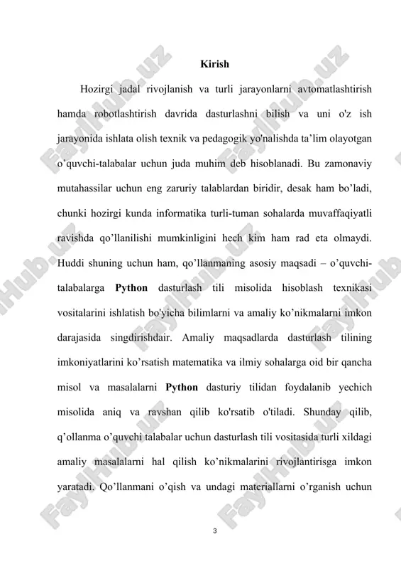 ib bera oladigan homiy izladi va uni o`sha paytlarda endi tashkil etilgan beopen firmasi qo`llab quvvatladi. u cnri dan ketdi, lekin shartnomaga binoan u python 1.6 versiyasini chiqarib berishga majbur edi. beopen da esa u python 2.0 versiyani chiqardi. 2.0 versiyasi bu oldinga qo`yilgan katta qadamlardan edi. bu versiyada eng asosiysi til va interpretatorni rivojlanish jarayoni ochiq ravishda bo`ldi. shunday qilib 1.0 versiyasi 1994-yil chiqarilgan bo`lsa, 2.0 versiyasi 2000-yil, 3.0 versiyasi esa 2008-yil ishlab chiqarildi. hozirgi vaqtda uchinchi versiyasi keng qo`llaniladi. python dasturlash tili imkoniyatlari python вђ“ bu o'rganishga oson va shu bilan birga imkoniyatlari yuqori bo'lgan oz sonlik zamonaviy dasturlash tillari qatoriga kiradi. python yuqori darajadagi ma'lumotlar strukturasi va oddiy lekin samarador obyektga yo'naltirilgan dasturlash uslublarini taqdim etadi. pythonning o'ziga xosligi · oddiy, o'rganishga oson, sodda sintaksisga ega, dasturlashni boshlash uchun qulay, erkin va ochiq kodlik dasturiy ta'minot. · dasturni yozish davomida quyi darajadagi detallarni, misol uchun xotirani boshqarishni …