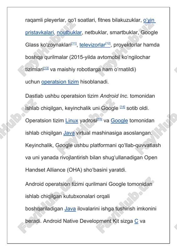 ngilashlari chiqdi. shunday qilib, fevralda turli xatolarni tuzatadigan 1.1 versiyasi chiqdi. aprel va sentabrda mos ravishda 1.5 „cupcake“ va 1.6 „donut“ updatelari chiqdi. „cupcake“ versiyasi bir qancha oʻzgartirishlar kiritdi: virtual klaviatura, video yozish va tomosha qilish, brauzer va boshqalar. „donut“da birinchi marta cdma tizimlarini qoʻllash paydo boʻldi. 2009-yilning oktabrida bir nechta google akkauntlarini, html5 tilidagi brauzerni qoʻllaydigan va bir nechta yangiliklar kiritilgan android 2.0 „eclair“ operatsion tizimi chiqdi. „eclair“ (2.1) versiyasida „jonli fon rasmlari“ paydo boʻldi va ekran blokirovkasinining koʻrinishi oʻzgardi. 2010-yilning oʻrtasida google android 2.2 „froyo“ versiyasi chiqdi. 2010-yilning ohirida esa android 2.3 „gingerbread“ namoyish etildi. bu yangilanishlar anʼanaviy blokirovkani raqamli yoki xarf-raqamliga oʻzgartirdi, „kesish“, „nusxalash“, „qoʻyish“ funksiyalarini soddalashtirdi va hokazo. 2011-yilning 22-fevralida android 3.0 „honeycomb“ namoyish etildi. uning asosiy yangiligi planshetga moslashtirilgani edi. 2011-yilning 19-oktabrida chiqqan android 4.0 „ice cream sandwich“ — birinchi universal tizim (ham planshetlarga, ham smartfonlarga moslashtirilgan) chiqdi. 2012-yilda tizimning yangi versiyasi — „jelly bean“ …