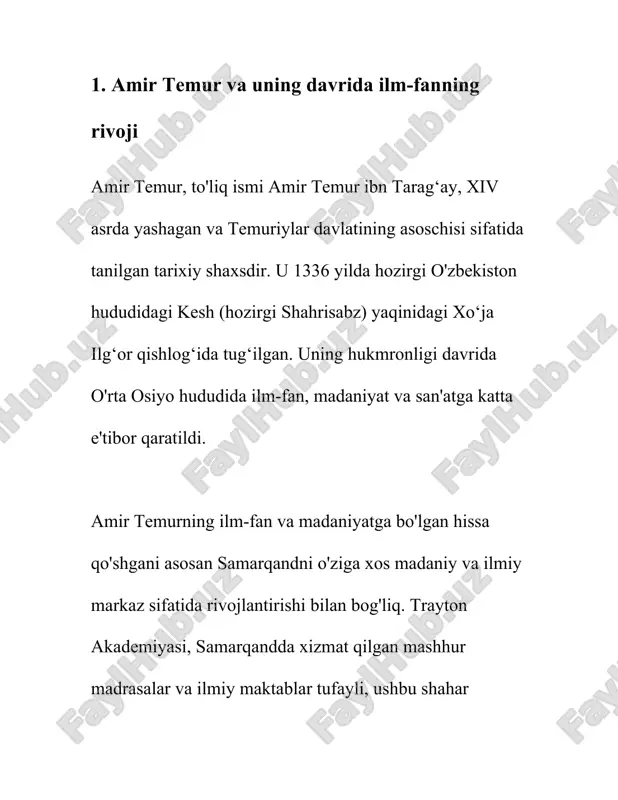 suflarni qo'llab-quvvatladi. buning natijasida ushbu davrda ko'plab yirik olimlar va faylasuflar yetishib chiqdi. bir esasli olimlardan biri ali qoshchi (1403–1474) bo'lib, u aniq fanlar, xususan, astronomiya va matematika sohasida faoliyat yuritgan. ali qoshchi samarqandda mirzo ulug'bek madrasasida ta'lim olgan va uning asosiy ishi "risola dar ilm al-hisab" hisoblanadi. u, shuningdek, ulug'bekning mashhur astronomik jadvaliga hissa qo'shgan. mirzo ulug'bekning o'zi ham buyuk astronom va matematik edi. u 1394-yilda samarqandda tug'ilgan va 1449-yilda vafot etgan. ulug'bekning eng mashhur asari hisoblangan "ziji jadidi kuragoniy" asari o'z ichiga 1018 ta yulduzni jamlagan astronomik jadvaldir. bu asar o'z vaqtida dunyoning turli mamlakatlarida keng tarqaldi va ko'plab olimlar tomonidan o'rganildi. qomusiy olimlardan biri alisher navoiy (1441-1501) bo'lib, u nafaqat shoir, balki faylasuf, davlat arbobi va ilm-fan homiysi sifatida ham tanilgan. uning falsafiy qarashlari o'zining bir qator asarlarida, xususan, "mahbub ul-qulub" va "nasoyim ul-muhabbat” kabi ishlarida aks etgan. giyosiddin al-qashgariy astromiya sohasida ulug'bek qatorida turli yirik loyihalarda …