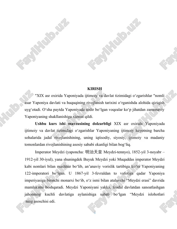 hukumat raisi va uning ikki toifadagi maslahatchilari “gidjo” katta maslahatchilar, «sanyo»kichik maslahatchilar degan ma'noni anglatgan. 1868-yil 6-aprelda hukumatning yana bir yangi qarori 5 qasamyod deb atalgan hujjat qabul qilindi va mamlakat hududida kuchga kiritildi. unga binoan: 1) jamoatchilik yig‘ilishlarini tashkil qilish va har qanday qarorni jamoat bilan kelishgan holda qabul qilish. 2) hokimiyat egalari va hukumdorlarning xalqqa xizmat qilish. 3) harbiy va fuqaro mansabdor shaxslarga, oddiy aholiga tadbirkorlik va boshqa salohoyatlarini erkin ko‘rsatib berishlari uchun sharoit yaratish. 4) o‘tmishdagi barcha yomon urf-odatlar bekor qilinishi va barcha harakatlar adolatga asosolanishi. 5) dunyo bo‘ylab foydali bilimlar olishga e'tiborni qaratib imperiya asoslari mustahkamlash. ushbu kurs ishining maqsadi mavzuni to‘liq ko‘rib chiqish, o‘sha davr tarixini o‘rganish, shuningdek olingan bilimlarni tizimlashtirish va mustahkamlashdir. yaponiyada shogunat hokimiyatining zaiflashishi va meiji tiklanishidan boshlab, birinchi yapon konstitutsiyasining yaratilishigacha bo‘lgan o‘zgarishlarni kuzatish kerak. ishning maqsadiga asoslanib, quyidagi vazifalarni aniqlash mumkin: · meydzi inqilobini ko‘rib chiqish · meydzi davridagi asosiy …