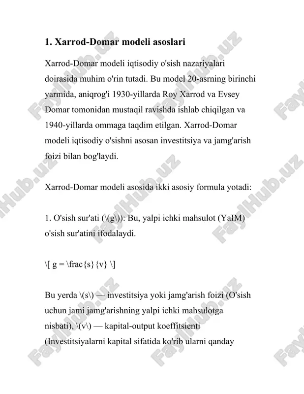 o'sishni uchta asosiy omil orqali tushuntiradi: jamg'arish darajasi, kapital maqsad koeffitsienti va iqtisodiy o'sish sur'ati. bu omillar bir-biriga bog'liq holda iqtisodiy o'sishni belgilaydi. modelda asosiy vazifa iqtisodiy o'sishni optimal darajada ta'minlashdir, bunda ishlab chiqarish omillari samarali foydalaniladi. 1. jamg'arish darajasi (s): jamg'arish darajasi iqtisodiy rivojlanishda muhim omildir, chunki u sarmoya darajasi bilan bevosita bog'liqdir. xarrod-domar modelida jamg'arish darajasi yuqori bo'lsa, iqtisodiy o'sish sur'ati ham yuqori bo'lishi kutiladi. jamg'arishning yuqori darajasi yangi sarmoyalarni moliyalashtirish imkonini beradi va ishlab chiqarishni rivojlantirishga xizmat qiladi. 2. kapital maqsad koeffitsienti (v, yoki icor - incremental capital output ratio): bu koeffitsient yangi kapitalning bir birlik qo'shimcha ishlab chiqarish yaratish uchun zarur bo'lgan miqdorini ifodalaydi. xarrod-domar modelida icor qancha kichik bo'lsa, iqtisodiy o'sish sur'ati shuncha samaraliroq bo'lishi mumkin. masalan, agar icor 3 ga teng bo'lsa, demak, har bir qo'shimcha ishlab chiqarish birlik uchun uch birlik kapital talab qilinadi. bu ko'rsatkich jamg'arma samaradorligini aks ettiradi. 3. iqtisodiy o'sish …