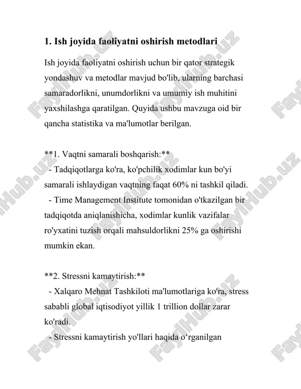 rli yondashuvlarga ega bo'lib, ularda turli omillar va jarayonlar hisobga olinadi. 1. maslovning ehtiyojlar iyerarxiya nazariyasi: abraham maslov o'zining ehtiyojlar iyerarxiyasi nazariyasida inson ehtiyojlarini besh darajaga bo'lib o'rganadi. unga ko'ra, asosiy fiziologik ehtiyojlar (ovqat, suv, boshpana) qondirilganidan keyin xavfsizlik ehtiyojlari keladi. shundan so'ng, ijtimoiy ehtiyojlar (do'stlik, oilaviy munosabatlar), keyin esa hurmat ehtiyojlari (o'zligini tasdiqlash, hurmat qozonish) mavjud. eng yuqori darajada esa o'z-o'zini aktualizatsiya qilish ehtiyoji turadi. 1970-yillarga kelib, maslov o'z nazariyasini o'zgartirib, yuqoriga yana bir daraja qo'shgan: transsendentlik ehtiyoji. 2. gertsbergning ikki faktorli nazariyasi: frederik gertsberg motivatsiyani ikki asosiy faktor orqali tushuntiradi: motivatsion faktorlar va gigienik faktorlar. motivatsion faktorlar shaxsiy qoniqishni oshiradigan omillar bo'lsa, gigienik faktorlar ish joyidan norozi bo'lishni kamaytiradigan omillardir. masalan, ijodiy vazifalar motivatsion faktor bo'lishi mumkin, lekin maosh to'g'ri bo'lishi kerak, bu gigienik faktor. 3. vrumning umid nazariyasi: viktor vroom umid nazariyasida odamlar turli harakatlar va natijalar o'rtasidagi kutilgan bog'liqlikka qarab harakat qilishini aytadi. unga ko'ra, odamlar …