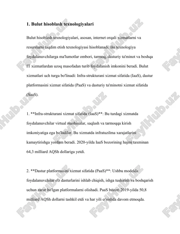 nilib kelinadi. bu texnologiya internet orqali ma'lumotlarni saqlash va ularga kirishni ta'minlaydi. bulutli ma'lumotlar saqlashning asosiy afzalliklari quyidagilardan iboratdir: 1. **moslashuvchanlik va kengayish imkoniyati**: bulutli ma'lumotlar saqlash xizmatlari odatdagi jismoniy saqlash vositalariga qaraganda juda moslashuvchan. foydalanuvchilar istalgan vaqtda qo'shimcha joy olishlari yoki mavjud saqlash hajmini kamaytirishlari mumkin. bu masalan milesweb va hostgator kabi xizmatlar tomonidan ta'minlanadi. 2. **tejamkorlik**: bulutli ma'lumotlar saqlash odatda an'anaviy saqlash tizimlariga qaraganda arzonroq bo'ladi. foydalanuvchilar faqat foydalanilgan joy va funksiyalar uchun to'laydilar, bu esa ularni samaraliroq va tejamkor qilib qo'yadi. gartner kompaniyasining 2021 yildagi tadqiqotiga ko'ra, korxonalar bulutli texnologiyalarga o'tish orqali saqlash xarajatlarini 30% gacha kamaytirishi mumkin. 3. **ma'lumotlarga kirishning qulayligi**: bulutli ma'lumotlar saqlash imkonlari bilan foydalanuvchilar o'z ma'lumotlariga istalgan joydan va istalgan vaqtda kirishlari mumkin. buning uchun internetga ulanish kifoya. bu esa o'z navbatida ish jarayonlarini yanada samarali va tezroq qiladi. 4. **havfsizlik va yangilanishlar**: ko'pgina bulut xizmatlari kuchli xavfsizlik choralarini qo'llaydi, masalan, amazon web …