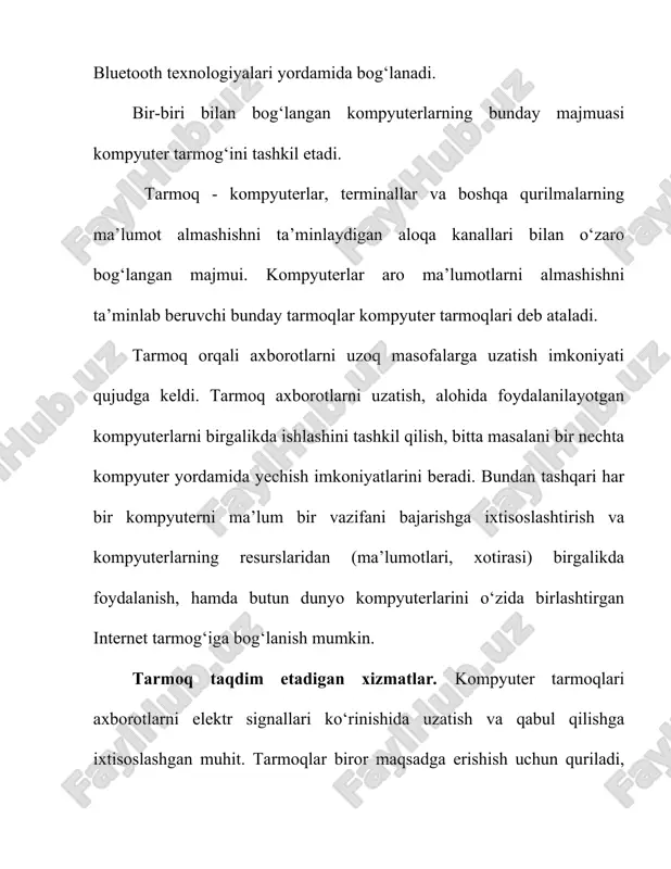 qabul qiluvchi manzillari ko‘rsatiladi va tarmoqqa uzatiladi. har bir kompyuter kelgan axborotdagi qabul qiluvchi manzilini o‘zining manzili bilan solishtiradi, agar manzillar mos kelsa, u holda axborotni qabul qilib oladi va uzatuvchiga qabul qilib olganligi to‘g‘risida tasdiq yo‘llaydi. xuddi shu tariqa kompyuterlararo axborot almashiniladi. manzil tushunchasi. kompyuter tarmoqlarida manzil tushunchasi sifatida quyidagi fikrlarni keltirish mumkin: 1. manzil kompyuter xotirasining qismlarini, kompyuter kiritish-chiqarish qurilmalari portini, hisoblash tarmog‘i kompyuterlarini hamda boshqa ma’lumot manbalarini yoki ularni uzatish uchun belgilangan joyni aniqlaydi. 2. manzil hisoblash tarmoqlarida uzatilayotgan ma’lumotlarni qabul qiluvchi yoki jo‘natuvchilarni aniqlovchi ma’lumotlar ketma-ketligi. lokal, mintaqaviy va global komp’yuter tarmoqlari. kompyuter tarmoqlarini ularning geografik joylashishi, masshtabi hamda hajmiga qarab bir nechta turlarga ajratish mumkin, masalan: lokal tarmoq - bir korxona yoki muassasadagi bir nechta yaqin binolardagi komp’yuterlarni o‘zaro bog‘lagan tarmoq. mintaqaviy tarmoqlar – mamlakat, shahar, va viloyatlar darajasida kompyuterlarini va lokal tarmoqlarni maxsus aloqa yoki telekommunikatsiya kanallari orqali o‘zaro bog‘lagan tarmoqlar. global tarmoqlar - …