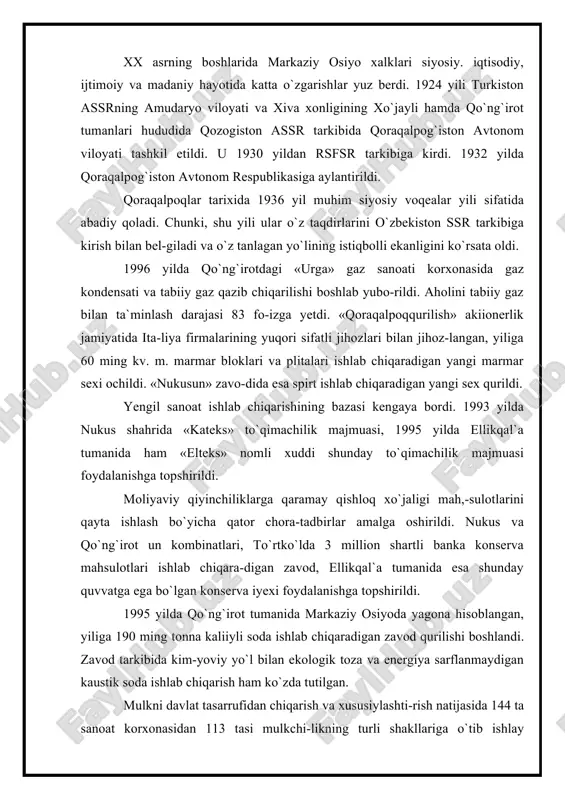 ng jami ishlab chiqarilgan mahsulotdagi ulushi 98,3 fo-izni tashkil etdi. ayrim qishloq xo`jalik mahsulotlari, jum-ladan, paxta yetishtirishda nodavlat korxonalarining hissasi 97,9 foizni, donchilikda 98,1 foizni, kartoshkachilikda 99,7 foizni, sabzavotchilikda 98,8 foizni, polizchilikda 95,1 fo-izni, bog`dorchilikda 98,5 foizni, pillachilikda 100 foizni, go`sht yetishtirishda 98,9 foizni, sut va tuxum ishlab chiqarish-da 99,4 foizni, qorako`l teri va jun yetishtirishda 100 foizni tashkil etdi. dehqonchilikda ekin maydonlarining tarkibi o`zgardi. agar 1991 yidda g`alla maydonlari ekin maydonlarining 27,1 foi-zini (jumladan, bug`doy 1,9) tashkil etgan bo`lsa, 1996 yilning oxirida bu 35,8 foizga yetdi (bug`doy maydonlari 8,3 foiz). shu davr mobaynida bugdoy yetishtirish 13,6 ming tonna, ya`ni 3 marta, kartoshka 6,7 ming tonna yoki 2,3 marta, sabzavot 11,4 ming tonna, uzum yetishtirish 4 martaga ko`paydi. respublika oziq-ovqat majmuasida shaxsiy yordamchi xo`jaliklarning his-sasi tobora ko`paydi. shu bilan birga chorvachilikda ahvol ancha mushkullashdi. murakkab iklim sharoiti tufayli respublikada keyingi yil-larda hayvonlar soni kamaydi. 1991 - 1996 yillarda xo`jalik-lar, davlat …
