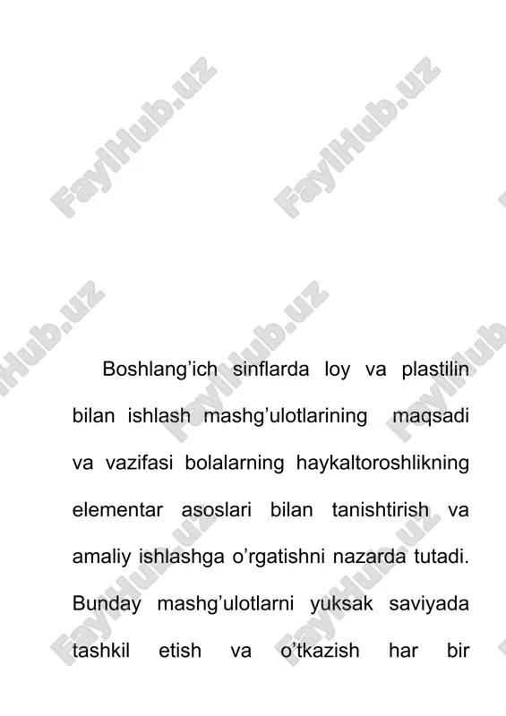 n oddiy asboblar, pichoq, oddiy konstruktsiyadagi yog’och va metall uchli steklardan foydalaniladi. plastilin va mum bilan ishlaganda metall steklardan foydalaniladi. ularni qizitish hamda yo’g’on mis, alyumin yoki temir simdan tayyorlash mumkin. tsirkulg’, o’lchov, chizg’ich va burchaklar kabi o’lchov asboblari modellarni chizish va o’lchash ishlarida kerak bo’ladi. tayyor narsalardagi changlarni yo’qotish, loy narsalarni supurib tashlash, narsani solish va unga narsalar surtish jarayonida har – xil mo’yqalamlar bo’lishi maqsadga muvofiqdir. haykaltoroshlik haqida qisqacha mahlumot. haykaltoroshlik – tahsviriy sahnat turlaridan biridir. sahnatning bu turining xususiyati tasvirni hajmi – formasidir. plastik tasvirlar orasida aylana haykaltoroshlik yolg’iz tur emas. undan tashqari, barelg’ef va gorelg’ef ham mavjud relg’ef aylana haykaltoroshlikdan farq qilib, yassi sathda aks etadi. bu haykaltoroshlik formalaridan idish – tovoq sathini, binolarning old tomoni, inter’erni va shu kabilarni bezashda foydalaniladi. loy va plastilin bilan ishlashda kerak bo’ladigan usullar. yumoloqlik – bu parcha loydan shar yasash, unga olcha, olma kabilar shaklini berishdir. bir bo’lak loydan …