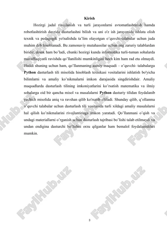 katta qadamlardan edi. bu versiyada eng asosiysi til va interpretatorni rivojlanish jarayoni ochiq ravishda bo`ldi. shunday qilib 1.0 versiyasi 1994-yil chiqarilgan bo`lsa, 2.0 versiyasi 2000-yil, 3.0 versiyasi esa 2008-yil ishlab chiqarildi. hozirgi vaqtda uchinchi versiyasi keng qo`llaniladi. python dasturlash tili imkoniyatlari python вђ“ bu o'rganishga oson va shu bilan birga imkoniyatlari yuqori bo'lgan oz sonlik zamonaviy dasturlash tillari qatoriga kiradi. python yuqori darajadagi ma'lumotlar strukturasi va oddiy lekin samarador obyektga yo'naltirilgan dasturlash uslublarini taqdim etadi. pythonning o'ziga xosligi · oddiy, o'rganishga oson, sodda sintaksisga ega, dasturlashni boshlash uchun qulay, erkin va ochiq kodlik dasturiy ta'minot. · dasturni yozish davomida quyi darajadagi detallarni, misol uchun xotirani boshqarishni hisobga olish shart emas. · ko'plab platformalarda hech qanday o'zgartirishlarsiz ishlay oladi. · interpretatsiya(р�рѕс‚рµсђрїсђрµс‚рёсђсѓрµрјс‹р№) qilinadigan til · kengayishga (р р°сѓс€рёсђсџрµрјс‹р№) moyil til. agar dasturni biror joyini tezroq ishlashini xoxlasak shu qismni c yoki c++ dasturlash tillarida yozib keyin shu qismni python kodi orqali ishga …