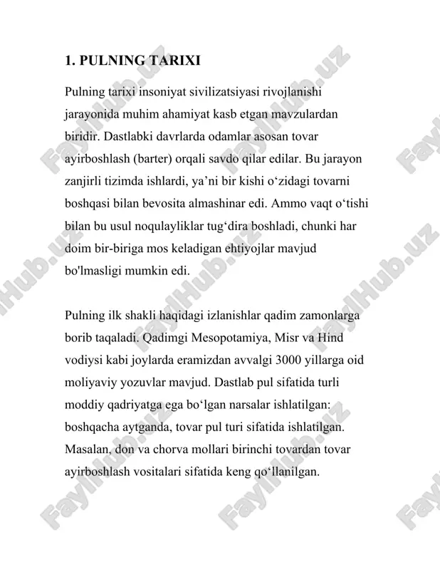 mahsulot va xizmatlar qiymatini belgilashda o‘lchov vositasi sifatida xizmat qiladi. iqtisodiyotda o‘lchov birligi sifatida pul yordamida turli tovar va xizmatlarning qiymati nisbatlarni yagona birlikda taqqoslash imkoniyatini beradi. 2. **muomala vositasi**: pulning eng asosiy funksiyalaridan biri bu muomala vositasi bo‘lishidir. pul tovar va xizmatlar ayirboshlanishi jarayonida muomala vositasi sifatida foydalaniladi. bu tovarlarning to‘g‘ridan-to‘g‘ri ayirboshlash (barter) jarayonida yuzaga keladigan muammolarni hal qilish imkoniyatini beradi. 3. **qiymatni saqlovchi vosita**: pul qiymatni vaqt bo‘yi saqlashga imkon beradi. bu funksiyani bajarish uchun pul mustahkamlik va ishonchlilikni saqlashi kerak. inflyatsiya va boshqa iqtisodiy omillar bu funksiyaning samaradorligiga ta'sir ko‘rsatishi mumkin. 4. **to‘lov vositasi**: pul majburiyatlar va qarzlarni to‘lashda vosita sifatida foydalanuvchan. masalan, shartnoma bo‘yicha pul to‘lovlari, kreditlarning to‘lanishi va boshqa majburiyatlar pulning to‘lov vositasi sifatida ishlatilishini taqdim etadi. pulning bu funksiyalari iqtisodiyotda samarali resurs taqsimlanishi va iqtisodiy o‘sishni ta’minlaydi. pul ko‘lami va pul-kredit siyosati mamlakatning iqtisodiy holatini va makroiqtisodiy ko‘rsatkichlarining o‘sishini bevosita ta’sir qiladi. pul tizimining …