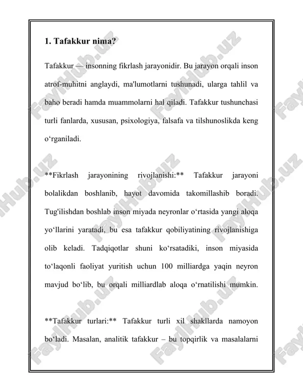 y rol o‘ynaydi. tafakkur insoniyatning rivojini va yuksalishini nazarda tutadigan asosiy xususiyatlardan biridir. 2. tafakkurning ahamiyati tafakkur insonning eng muhim aqliy faoliyatlaridan biri bo‘lib, u fikrlash, tahlil qilish va xulosa chiqarish jarayonlarini o‘z ichiga oladi. buni amalga oshirishda inson miyasi yuqori darajada faollashadi. tafakkurning ahamiyatini tushunish uchun ayrim muhim faktlar va statistik ma’lumotlarga murojaat qilamiz. avvalo, tafakkur insonning yashash va rivojlanishda asosiy vositalardan biri hisoblanadi. har bir inson kuniga 60,000 dan 80,000 gacha tuzatish mumkin tushunchalar shakllantirishi mumkin, bu esa kuniga 40-55 ta qabul qilinadigan qator ilohiy yoki axborot integratsiyasini o‘z ichiga oladi. bu jarayon har bir insonning individual maqsadlariga, intilishlariga va qiziqishlariga mos ravishda amalga oshiriladi. tafakkur rivojlanishi insonning yashash sharoitlari va zamon talablariga bog‘liq. masalan, ta’lim darajasi yuqori bo‘lgan jamiyatlarda insonlar tafakkur jarayonlari yanada rivojlangan bo‘lishi kuzatiladi. dunyodagi rivojlangan davlatlarda o‘quv aholi darajasi 95% dan ortiqni tashkil qiladi. bu esa iqtisodiy, ilmiy va madaniy taraqqiyotga bevosita tasir ko‘rsatadi. …
