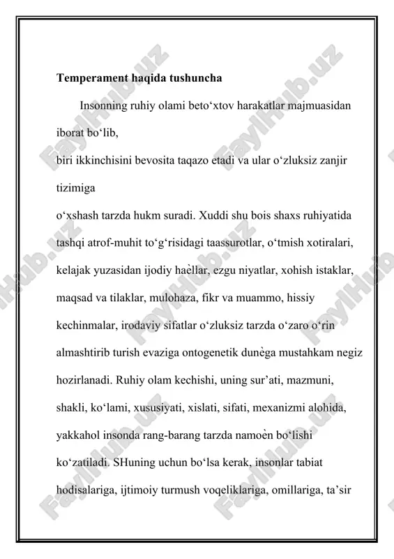 e»), qon (lotincha sanguis ѐki sanguinis), qora o‘t (yunoncha melas «qora», chole «o‘t»), balg‘am (yunoncha «phlegma») kabilardan iboratdir. uning mulohazasicha: 1. o‘tning xususiyati - quruqlikdir, uning vazifasi-tana a’zolarida quruqlikni saqlab turish ѐki badanni quruq tutishdir. 2. qonning xususiyati-issiqlikdir, uning vazifasi tanani isitib turishdir. 3. qora o‘tning xususiyati-namlikdir, uning vazifasi badan namligini saqlab turishdir. 4. balg‘amning (shilimshiq moddaning) xususiyati-sovuqlikdir, uning vazifasi badanni sovutib turishdan iboratdir. gippokrat ta’limotiga muvofiq har bir insonda shu to‘rt xil suyuqlik mavjud bo‘lib, uning bittasi ustuvorlik kasb etadi. mazkur aralashma (lotincha temperamentum)lardan qaysi biri salmoqliroq bo‘lsa, shunga qarab insonlar temperament jihatdan farqlanadilar, chunonchi xolerikda sariq o‘t, sangvinikda qon, flegmatikda balg‘am, melanxolikda qora o‘t ustun bo‘lishi ta’kidlanadi. gippokratning to‘rt xil moddalar (suyuqliklar) aralashmasi, ya’ni temperament tushunchasi va uning tipologiyasi (sangvinik, xolerik, flegmatik, melanxolik) ramziy ma’noda hozirgi zamon psixologiyasida ham qo‘llanilib kelinmoqda. temperamentning fiziologik asoslariga ulkan o‘z hissasini qo‘shgan olimlardan biri rus fiziologi i.p.pavlov (1849-1936) hisoblanadi. i.p.pavlov temperament ham …