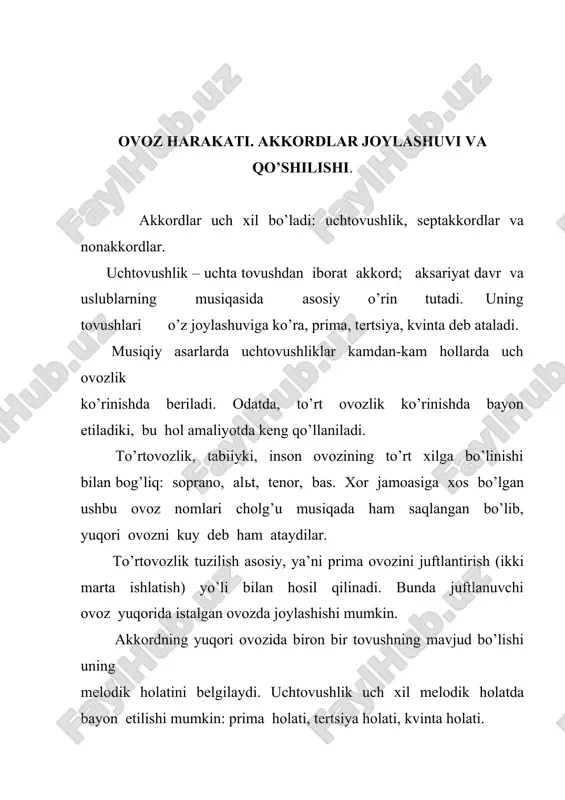 lik, melodik holat. asosiy uchtovushliklarning qo’shilishi. akkordlarning ketma-ketma bog’lanishi ularning qo’shilishi yordamida hosil bo’ladi. akkordlarning qo’shilishi esa badiiy amaliyotda ishlab chiqilgan muayyan qoidalar asosida amalga oshiriladi. akkordlar qo’shilishining asosida esa ovoz harakati yotadi. har bir ovozning harakati ravon yoki sakramli bo’lishi mumkin. ravon harakat deb, ovozning prima, sekunda va tertsiyaga tomon yurishiga aytiladi. sakramli harakatda esa ovoz kvarta, kvinta, seksta va undan katta intervallarga sakraydi. o’quv amaliyotida katta intervallarga sakram hosil qilish faqatgina bas ovozi uchun ruxsat beriladi. akkordlar munosabati deb, ularning bas ovozi orasidagi munosabatga aytiladi. shunga ko’ra, akkordlar kvarta-kvinta, tertsiya va sekunda munosabatida bo’ladi. masalan, kvarta-kvinta munosabati: t-d, t-s; sekunda munosabati: s-d. akkordlar garmonik va melodik yo’l bilan qo’shilishi mumkin. garmonik qo’shilish chog’ida akkordlar tarkibidagi umumiy tovush o’z ovozida joyida qoladi. garmonik qo’shilish akkordlarning kvarta-kvinta munosabatiga tegishli hisoblanadi. melodik qo’shilishda esa umumiy tovush joyida qolmadi. bunda bas, albatta, kvarta intervali tomon harakat qilib, qolgan ovozlar esa basga qarama-qarshi …