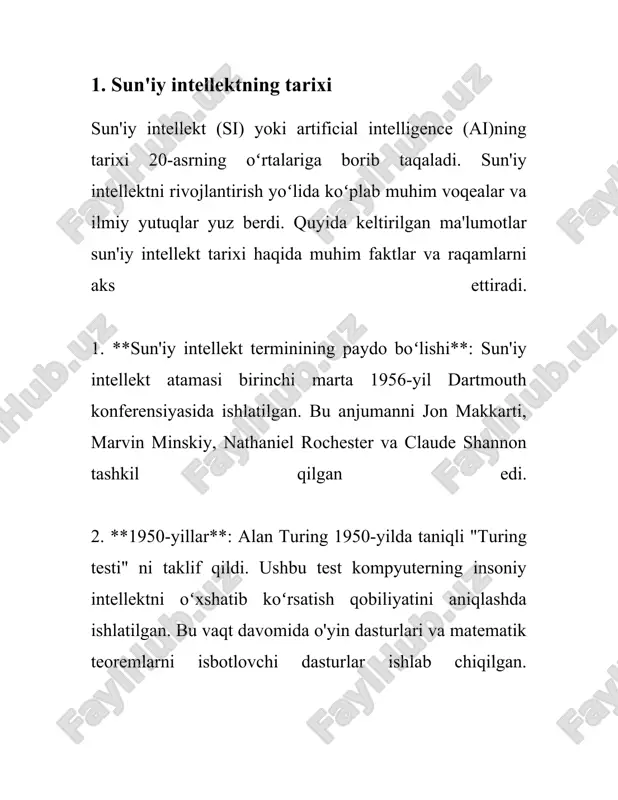 ar, masalan, avtomatlashtirilgan transport tizimlari, robototexnika, tabiiy tilni qayta ishlash, tasvirni qayta ishlash va boshqa ko'plab sohalarda o'z isbotini topmoqda. 2. mashinaviy o'rganishning asoslari mashina o'rganish (ingliz tilida: machine learning) - bu kompyuter dasturlari va algoritmlarini avtomatik ravishda o'qitishga asoslangan yondashuvdir. bu fan sun'iy intellekt (si) sohasi hisoblanadi va ma'lumotdan nazorat ostida yoki nazoratsiz tarzda tajriba to'plash va o'z-o'zidan yaxshilanishga asoslangan. ### mashinaviy o'rganish turlari 1. **nazoratli o'rganish (supervised learning):** bu modelda o'rganuvchi algoritm o'qituvchilar tomonidan ko'rsatilgan misollar yordami bilan o'rganadi. kirish ma'lumotlari va ularga mos kirish natijalari taqdim etiladi, algoritm esa kirish (x) va natija (y) orasidagi bog'liqlikni o'rganadi. mashhur misollar: linear regression, logistic regression, support vector machines (svm), va neural networks. 2. **nazoratsiz o'rganish (unsupervised learning):** bu usulda ma'lumotlar belgilanmagan va algoritmning maqsadi ma'lumotlarni biron bir asosga ko'ra gruppalash yoki strukturaga solish. bunga misol: k-means clustering, hierarchical clustering, va principal component analysis (pca). 3. **mustahkamlangan o'rganish (reinforcement learning):** …