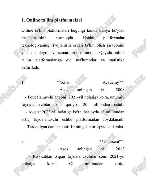 yordamida bilim darajasini oshirish 65% ga yetdi. 2. **onlayn platformalar va dasturlar**: - dunyoda mavjud bo‘lgan ta’lim platformalaridan 85%i interaktiv elementlarni o‘z ichiga oladi. - 2021 yilda, o‘quvchilar orasida eng ko‘p foydalanilgan 10 ta platformalardan 7 tasi zamonaviy interaktiv texnologiyalarni qo‘llab-quvvatlagan. 3. **foydalanuvchi tajribasi**: - interaktiv materiallardan foydalanayotgan o‘quvchilar, an’anaviy materiallarga qaraganda 50% ko‘proq bilimlarni o‘zlashtirishi ta’kidlanadi. - 75% o‘qituvchilar interaktiv materiallardan foydalanish orqali darslardagi ishtirok faolligini oshirganligini bildiradi. 4. **interaktiv materiallarning afzalliklari**: - kognitiv rivojlanish darajasida 60% ortish kuzatilgan. - sinflarda darslarning vaqtini samarali taqsimlashda ma'lum bir o‘quv auditoriyasida foydalanish 80% foyda keltirgani isbotlangan. - bolalar va talabalarning muvaffaqiyat darajasida 40% ortish kuzatilmoqda, ayniqsa, o‘quvchilarga qo‘l yetkazilishi qiyin bo‘lgan sohalarda. 5. **texnologiyalar va vositalar**: - o‘quv materiallarida foydalaniladigan zamonaviy texnologiyalar, ayniqsa, virtual haqiqat (vr) va qo‘shilgan haqiqat (ar) texnologiyalari minglab sinf xonalarida qo‘llaniladi. - 2023 yil taxminlariga ko‘ra, ar va vr texnologiyalari bilan boyitilgan interaktiv materiallarga bo‘lgan talab 30% …