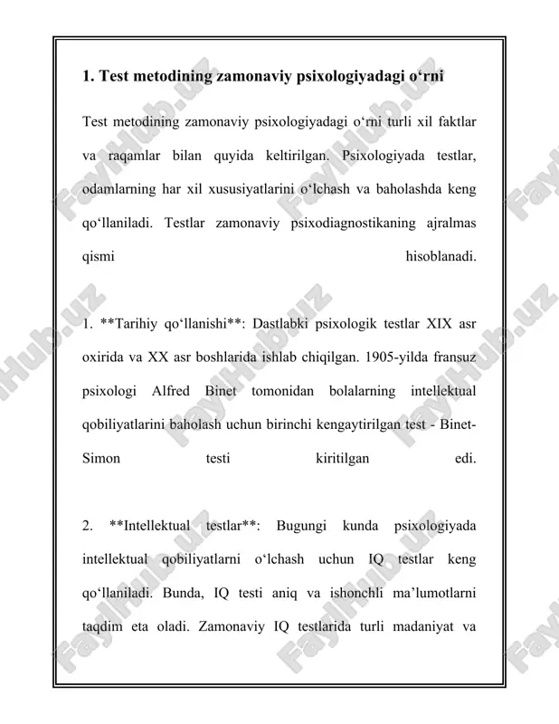 ajasini moslashtiradi. 10. **biologik markerlar bilan bog‘liq testlar**: zamonaviy psixologiyada ba’zi testlar biologik markerlarga asoslanadi, bu esa psixologik holatni yanada aniqroq tahlil qilish imkoniyatini beradi. bu usullar psixologiya sohasida yangi yondashuvlarni taklif etadi. yuqorida keltirilgan faktlar va raqamlar psixologik testlarning zamonaviy psixologiyadagi o‘rni va ahamiyatini ochib beradi. ular insonning turli xususiyatlarini o‘rganishda muhim vositalar sifatida xizmat qiladi. 2. psixologik testlar turlari va ularning qo‘llanilishi psixologik testlar shaxsning psixologik holati, qobiliyatlari va shaxsiyat xususiyatlarini aniqlashga yordam beradigan vositalardir. bugungi kunda psixologik testlar turli maqsadlarda qo‘llaniladi va ularning ko‘plab turlari mavjud. ushbu testlar asosan qobiliyatlar, shaxsiyat xususiyatlari va psixologik holatlarni baholashga qaratilgan. quyida psixologik testlar turlari va ularning qo‘llanilishi haqida batafsil ma’lumot keltiriladi. 1. **intellekt testlari:** bu testlar insonning aqliy qobiliyatlarini baholashga mo‘ljallangan. mashhur intellekt testlari orasida veksler testi, stenford-binet testi, va ravenning matritsalar testi kabi testlar bor. ushbu testlar odatda iq darajasini aniqlashda va ilmiy tadqiqotlarda qo‘llaniladi. 2. **shaxsiyat testlari:** shaxsiyat …