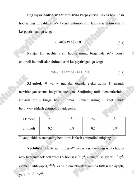 zlash uchun zarur bo‘ladigan stanoklar: . 3.4-misol. yashikda 10 ta qizil va 6 ta ko‘k shar bor. tavakkaliga 2 ta shar olinadi. olingan ikkala sharning bir xil rangli bo‘lish ehtimolini toping. yechilishi. -hodisa olingan ikkala shar qizil bo‘lishi, -hodisa esa olingan ikkala sharnng ko‘k bo‘lish hodisasi bo‘lsin. ko‘rinib turibdiki, va hodisalar birgalikda bo‘lmagan hodisalar. demak, birgalikda bo‘lmagan hodisalar ehtimollarini qo‘shish haqidagi (3.1) formulaga ko’ra, quyidagini olamiz: . -hodisaning ro‘y berishiga ta natija imkoniyat yaratadi. hodisaning ro‘y berishiga esa ta natija imkoniyat yaratadi. umumiy ro‘y berishi mumkin bo‘lgan natijalar soni esa ga teng. u holda: 3.5-misol. ikki ovchi bo‘riga qarata bittadan o‘q uzishdi. birinchi ovchining bo‘riga tekkizish ehtimoli ga, ikinchisiniki ga teng. hech bo‘lmaganda bitta o‘qning bo‘riga tegish ehtimolini toping. yechilishi. hodisa birinchi ovchining bo‘riga o‘qni tekkizishi, hodisa esa ikkinchi ovchining bo‘riga o‘qni tekkizishi bo‘lsin. ko‘rininb turibdiki, va hodisalar birgalikda bo‘lgan, ammo bir-biriga bog‘liq bo‘lmagan hodisalar. u holda . 3.6-misol. tanga …