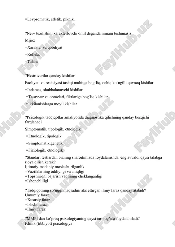 archa psixologik xususiyatlarini o’z ichiga olgan “shaxs xaritasi” metodikasi kim tomonidan tuzilgan? k.k. platonov =k.k. kovalyov =b.r. qodirov =m.g. davletshin; ?dastlabki psixodiagnostik metodlar qachon paydo bo’la boshlagan? xx asr boshlarida =xix asrning boshi va o’rtasida =xix asrning oxirida =xx asrning oxiri; ?1884 yil angliyada tashkil etilgan antropometrik laboratoriyaga kim asos solgan? f. galton =r. kettel =g. ayzenk =a. gilford; ?voyaga yetmagan bolalar bilan o’tkaziladigan psixodiagnostik tadqiqot natijalarini kimlar bilish huquqiga ega? ota-onalari yoki homiylari =tarbiyachilar =o’qituvchilar =tashkilot rahbarlari ?tekshiriluvchining yozuvi, ijod namunalari, ishlab chiqargan mahsulotlarini o’rganish qaysi guruh metodlari uchun xos xususiyat? faoliyat natijalarini tahlil qilish =so’rovnoma shaklidagi =kuzatishga asoslangan =tajriba shaklidagi; ?sosiometriya testi qanday testlar guruhiga kiradi? shaxslararo testlar =prosessual testlar =proyektiv testlar =varaqli testlar ?testni o’tkazish qaysi vazifani amalga oshirishdan boshlanadi? tekshiriluvchiga ko’rsatma berish =metodikani tanlash =ma’lumot to’plash =natijani tahlil qilish; ? “piktogramma” metodikasi xotira psixodiagnostikasiga mo’ljallangan metodlarning qaysi guruhiga mansub? juft assosiasiyalar metodi =yodlash jarayonini diagnostika qilish …