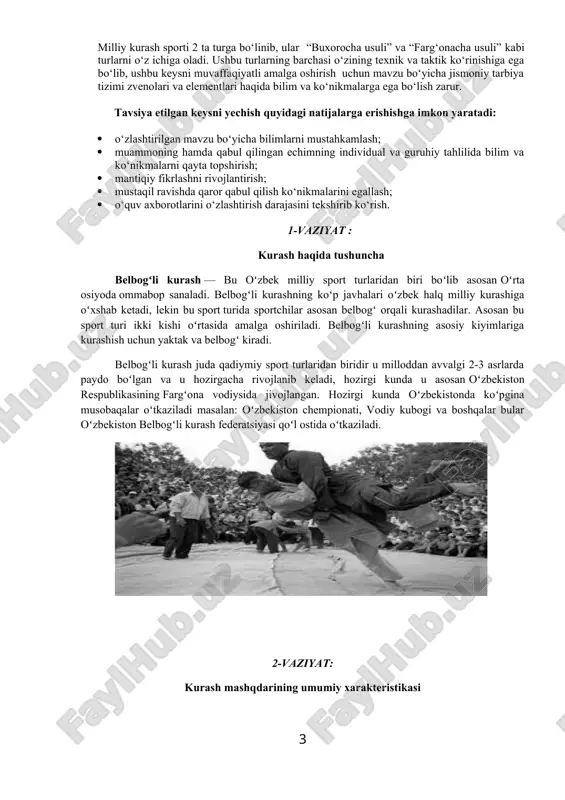 rt turlaridan biri boʻlib asosan oʻrta osiyoda ommabop sanaladi. belbogʻli kurashning koʻp javhalari oʻzbek halq milliy kurashiga oʻxshab ketadi, lekin bu sport turida sportchilar asosan belbogʻ orqali kurashadilar. asosan bu sport turi ikki kishi oʻrtasida amalga oshiriladi. belbogʻli kurashning asosiy kiyimlariga kurashish uchun yaktak va belbogʻ kiradi. belbogʻli kurash juda qadiymiy sport turlaridan biridir u milloddan avvalgi 2-3 asrlarda paydo boʻlgan va u hozirgacha rivojlanib keladi, hozirgi kunda u asosan oʻzbekiston respublikasining fargʻona vodiysida jivojlangan. hozirgi kunda oʻzbekistonda koʻpgina musobaqalar oʻtkaziladi masalan: oʻzbekiston chempionati, vodiy kubogi va boshqalar bular oʻzbekiston belbogʻli kurash federatsiyasi qoʻl ostida oʻtkaziladi. 2-vaziyat: kurash mashqdarining umumiy xarakteristikasi umumman olganda o‘zbek milliy kurashi mazmun va mohiyat jihatdan hayotda (sport harakatida) o‘z o‘rni hamda mavqeyiga ega bo‘ldi. bu jihatlar sobiq ittifoq (sssr) davrida ozmi-ko‘ pmi faqat mahalliy aholi orasidagina emas, balki sport kurashi bilan aloqador bo‘lgan mutaxassislar, yosh sportchi va havaskorlar orasida ham o‘z ifodasiga ega bo‘ldi. o‘zbekiston …