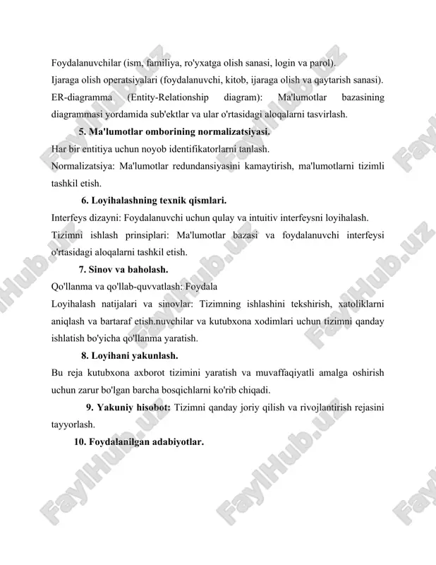h va kutubxona resurslaridan maksimal darajada foydalanishni ta'minlashga yordam beradi. axborot tizimlari bugungi kunda barcha sohalarda, jumladan kutubxona xizmatlarida ham, muhim ahamiyatga ega. kutubxona, o'zining asosiysi bo'lib, bilimlarni saqlash va ularga kirishni ta'minlashda axborot tizimlaridan keng foydalanadi. ushbu tizimlar kutubxonalarning ishlash samaradorligini oshirish, foydalanuvchilarga kerakli ma'lumotni tez va oson topish imkoniyatini yaratishda yordam beradi. kutubxona axborot tizimlari bir necha asosiy qismdan iborat bo'lishi mumkin, jumladan ma'lumotlar bazalari, foydalanuvchi interfeyslari, va axborot qidiruv tizimlari. bu tizimlarni muvaffaqiyatli loyihalash uchun konseptual mantiqiy model yaratish zarur. konseptual mantiqiy model axborot tizimlarining ma'lumotlar tuzilmasi, ularning o'zaro aloqalari, va tizimdagi ma'lumotlar oqimi haqida umumiy tushuncha beradi. bu model foydalanuvchilarga kutubxona tizimida qanday ma'lumotlar saqlanishini, qaysi usullar bilan bu ma'lumotlarga kirish mumkinligini va tizimning qanday ishlashini aniq ko'rsatadi. axborot tizimlarini loyihalashda konseptual modelni yaratish quyidagi bosqichlardan iborat bo'lishi mumkin:ma'lumotlar to'plami va uning strukturasi: kutubxona axborot tizimi uchun muhim ma'lumotlar to'plami va ularning qanday tashkil etilishi (masalan, …