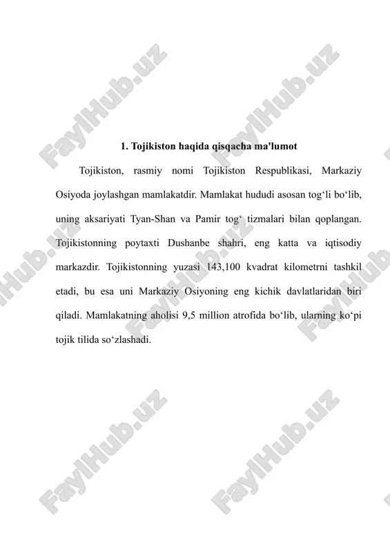 etika resurslari (neft, gaz), sanoat jihozlari, oziq-ovqat va kimyoviy mahsulotlarni import qiladi. · infratuzilma: tojikistonning infratuzilmasi rivojlanmoqda, ammo hali ham bir qator muammolar mavjud. mamlakatda transport, energetika va aloqa tizimlarini modernizatsiya qilish va yaxshilash zarurati mavjud. ayniqsa, transport va kommunikatsiya tarmoqlari orqali mintaqaviy va xalqaro aloqalarni kuchaytirish tojikiston iqtisodiyotining rivojlanishiga katta yordam berishi mumkin. 3. iqtisodiy xavflar tojikiston iqtisodiyoti bir qator ichki va tashqi xavflarga duch kelmoqda. ushbu xavflar iqtisodiy barqarorlikni ta'minlashni murakkablashtiradi va iqtisodiy rivojlanishga salbiy ta'sir ko‘rsatishi mumkin: · tashqi qarzlar va moliyaviy yordamga muhtojlik: tojikistonning tashqi qarzlari yuqori darajada bo‘lib, bu davlatning moliyaviy barqarorligiga tahdid soladi. mamlakatning iqtisodiy o‘sishi va ijtimoiy farovonligini ta'minlash uchun xalqaro moliyaviy yordam va investitsiyalar zarur. · energiya ta'minoti: tojikistonning energetika resurslari, asosan, gidroenergetikaga asoslangan. biroq, suv resurslarining notekis taqsimlanishi va iqlim o‘zgarishlari energiya ta'minotiga ta'sir qilishi mumkin. mamlakatda energetika sohasidagi barqarorlikni ta'minlash uchun sarmoya va texnologik modernizatsiya zarur. · iqtisodiy tarmoqlarning bir …