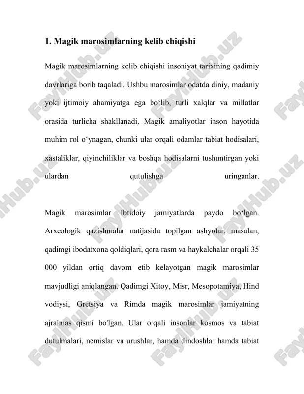 qodlari, diniy amaliyotlar hamda mahalliy an’analar bilan boyitilgan. o‘zbekiston hududida yashagan qadimgi xalqlar va qabilalar turli marosimlar orqali tabiat hodisalarini tushuntirishga, uni boshqarishga yoki o‘zgartirishga, shuningdek, turmushdagi muammolarga yechim topishga intilganlar. ushbu marosimlarning ba’zilari bugungi kungacha saqlanib qolgan va xalqaro etnografiya sohasida qiziqish uyg‘otib keladi. o‘zbekistonda magik marosimlar asosan tabiatni anglash, mo‘l-ko‘lchilikka erishish, himoya qilish, shifo topish va omad keltirish maqsadida amalga oshirilgan. bu marosimlar ko‘pincha qadimgi xalq e’tiqodlari, islomgacha bo‘lgan urf-odatlar va islom festivallari bilan uyg‘unlashgan. marosimlarda turli xil obyektlar, masalan, suv, olov, tuproq va havodan foydalanilgan. birinchidan, "navro‘z" bayramini alohida ta'kidlash lozim. bu bayram asosida xalq e’tiqodida yangi yilning boshlanishi sifatida qabul qilingan kunlarning bir qismi oilaviy va mahalliy bayramlar bilan nishonlanadi. ushbu kunlarda turli xil magik amallar, masalan, suv, yong‘in va o‘simliklardan foydalanib o‘tkazilgan marosimlar amalga oshiriladi. marosimlar jarayonida xalq "bahor otalarini uyg‘otish" va "er yuzini yangilash" maqsadida qilinadigan turli qilingan urf-odatlar, masalan, soyasiga suv sepish va …