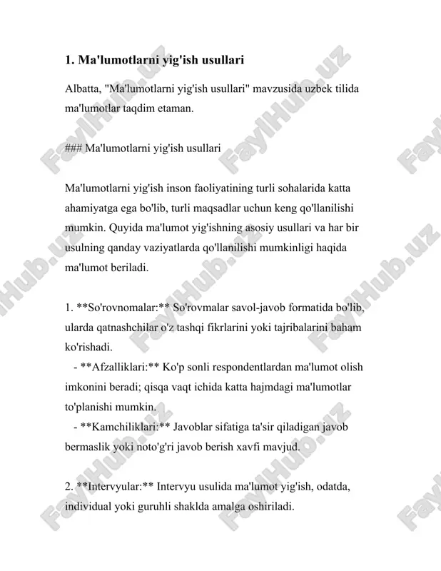 ri qarorlar qabul qilinishiga olib kelishi mumkin. to'g'ri ma'lumotlarni yig'ish usullarini tanlash, maqsadga erishish uchun muhim ahamiyat kasb etadi. ma'lumot yig'ish nafaqat ilmiy izlanishda, balki marketing, davlat boshqaruvi, tibbiyot, ta'lim va boshqa ko'plab sohalarda ham muhimdir. ma'lumotga asoslangan qaror qabul qilish jarayonlarida ishonchli va aniq ma'lumotlar yig'ish usullari tijorat va ilmiy muvaffaqiyatga olib kelishi mumkin. 2. ma'lumotlarni rasmiylashtirish va saqlash ma'lumotlarni rasmiylashtirish va saqlash zamonaviy davrda axborot texnologiyalari sohasida katta ahamiyatga ega. bu jarayonlar har xil turdagi tashkilotlar, korxonalar va davlat idoralari uchun muhimdir. quyida ma'lumotlarni rasmiylashtirish va saqlash bilan bog'liq ma'lumotlar va statistikalar keltiriladi. 1. **ma'lumotlarni rasmiylashtirish**: - ma'lumotlarni rasmiylashtirish, ya'ni ma'lumotlarni tartibga solish va tuzilmalashtirish jarayoni, katta hajmdagi ma'lumotlar bilan ishlash imkoniyatini oshiradi. bu jarayon turli xil formatlardagi va manbalardagi ma'lumotlarni yagona standartga keltirishni nazarda tutadi. misol uchun, kompaniya o'z mijozlarining ma'lumotlarini rasmiylashtirganda, ular barqaror va bir xil formatda saqlanadi. 2. **ma'lumotlarni saqlash**: - ma'lumotlar hajmi tobora ortib …