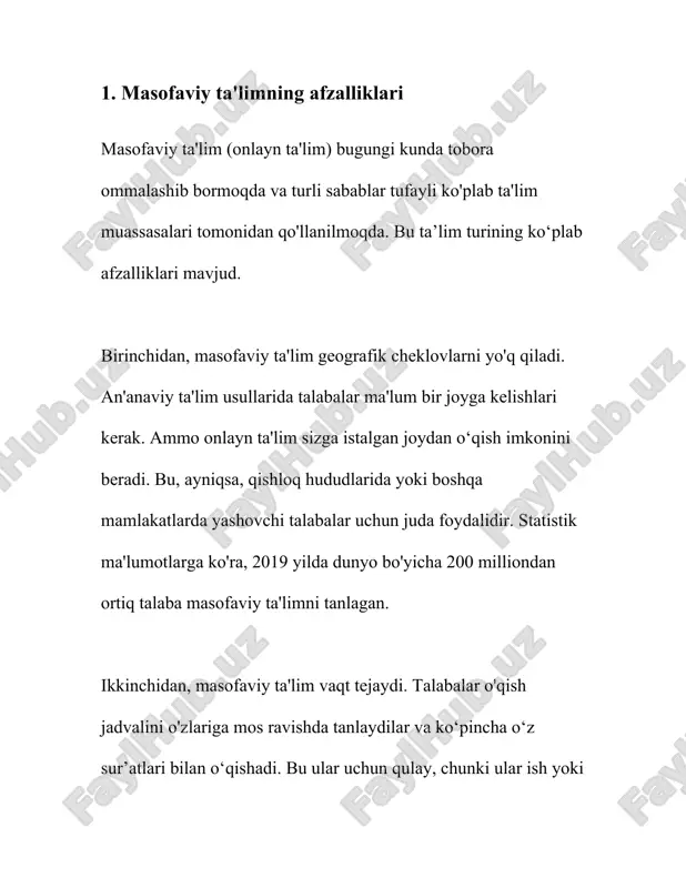 imkoniyatlari, va ekologik foyda. bu afzalliklar tufayli, masofaviy ta'lim sohasida innovatsiyalar davom etadi va kelajakda yanada ko'proq tarqalishi kutiladi. 2. masofaviy ta'lim texnologiyalarida foydalaniladigan platformalar masofaviy ta'lim texnologiyalarida foydalaniladigan platformalar masofaviy ta’lim texnologiyalari sohasida turli platformalar taqdim etiladi, ularning ko‘pchiligi o‘quv jarayonini tashkil etish, o‘quvchilar bilan interaktiv muloqot qilish va bilim baholash imkoniyatlarini kengaytirishga xizmat qiladi. quyida masofaviy ta'limda keng qo'llaniladigan ba'zi platformalar haqida ma'lumot keltiriladi. 1. **moodle**: moodle (modular object-oriented dynamic learning environment) platformasi ochiq kodli bo‘lib, uni ko‘plab oliy ta'lim muassasalari va maktablar foydalanadi. moodle juda moslashuvchan va turli xil plaginlar va modullar orqali kengaytirilishi mumkin. har kuni moodle orqali minglab kurslar olib boriladi. bugungi kunda moodle’ning foydalanuvchilari soni millionlardan oshadi. 2. **google classroom**: google classroom o‘quvchilarning ham o‘qituvchilar bilan, ham o‘zaro hamkorligini tashkil etadi. ushbu platforma google workspace ekotizimiga integratsiyalashgan bo‘lib, docs, sheets, slides kabi xizmatlar bilan birga ishlatiladi. 2020-yilga kelib, google classroom global miqyosda 100 milliondan …