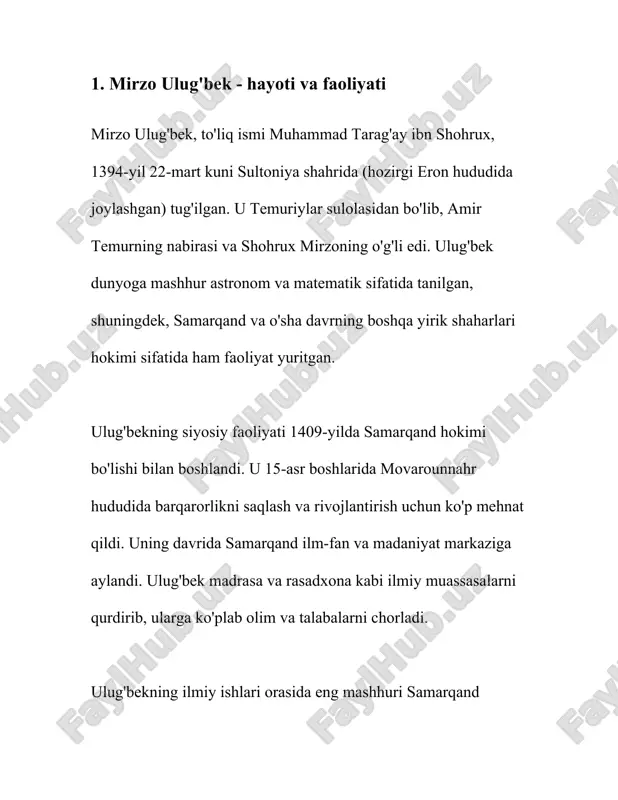 -1429-yillarda qurilgan. ushbu rasadxona dunyodagi eng yirik va zamonaviy astronomik kuzatuv markazlaridan biri bo‘lgan. ulug‘bek rasadxonasi joylashgan samarqand shahri o‘sha davrda ilm-fan va madaniyat markazi sifatida tanilgan. ushbu rasadxona orqali ulug‘bek va uning yordamchilari ko'plab astronomik o'lchovlarni amalga oshirgandilar. ulug'bekning eng mashhur ilmiy asari "zij-i ko'ragoniy" yoki "ulug'bek zij" deb ataladi. bu asar astronomik jadval bo‘lib, 1437-yilda nashr etilgan. zijda turli sayyoralar, yulduzlar va ularning joylashuvi haqida aniq ma'lumotlar berilgan. ushbu jadvalning aniqligi shunchalik yuqori ediki, ayrim hisoblamalar xviii asrgacha o‘z ahamiyatini yo‘qotmagan. ulug'bek zijida 1018 ta yulduzning koordinatalari va porlashi keltirilgan edi. ulug‘bekning ilmiy ishiga asoslangan xulosalar faqat markaziy osiyo emas, balki islom dunyosining boshqa mintaqalariga ham tarqaldi. uning zijiga yevropa olimlari katta qiziqish bildirishgan va uni o'rganishgan. ulug'bek o‘z davrida matematikani rivojlantirishda ham katta hissa qo'shgan. u trigonometrik funksiyalar, sinus va kosinus qadriyatlarini aniq o‘lchashda muvaffaqiyatga erishgan. ulug'bekning zamondoshlari va keyingi avlod olimlari uning ilmiy merosidan keng foydalanganlar. …