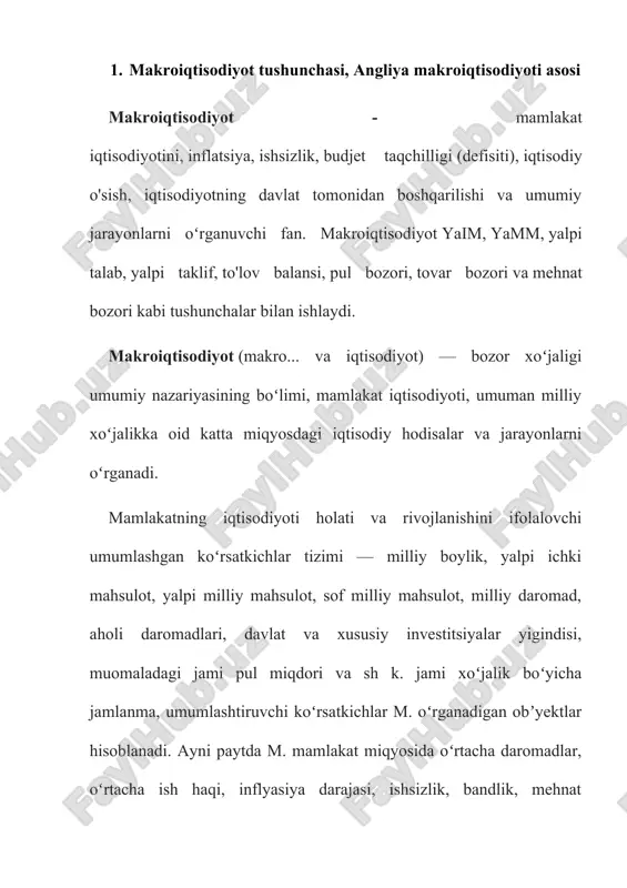 a yuqori ish bilan bandlik. 3. erkin bozorlarda talab va taklifning o’zaro ta'siri orqali narxlar va ish haqini aniqlash bilan birlashtirilgan barqaror narx darajasi. 4. to’lov balansining nol qiymatiga erishish. birinchi maqsad - iqtisodiy faoliyatning yakuniy maqsadi aholini tovar va xizmatlar bilan ta'minlashdir. milliy ishlab chiqarishning umumiy o’lchovi - bu yakuniy tovarlar va xizmatlarning bozor qiymatini ifodalovchi yalpi ichki mahsulot (yaim). makroiqtisodiy siyosatning ikkinchi maqsadi yuqori bandlik va ishsizlikni pasaytirish. iqtisodiy sikl davomida ishsizlik darajasi o’zgarib turadi. turg’unlik bosqichida ishchi kuchiga talab kamayadi va ishsizlik darajasi oshadi. tiklanish bosqichida ishchi kuchiga talab ortadi, ishsizlik kamayadi. barchaning munosib mehnatga bo’lgan ehtiyojini qondirish, bu qiyin vazifadir. uchinchi makroiqtisodiy maqsad - erkin bozorlar sharoitida narxlarning barqarorligi. umumiy narxlar darajasining umumiy o’lchovi iste'mol tovarlari va xizmatlarining belgilangan "savat" to’plamini sotib olish xarajatlarini hisobga oladigan iste'mol narxlari indeksidir. to’rtinchi maqsad ochiq iqtisodiyotga taalluqli bo’lib, to’la ish bilan 6 ta'minlanganlik darajasida to’lash balansi bilan umumiy iqtisodiy …