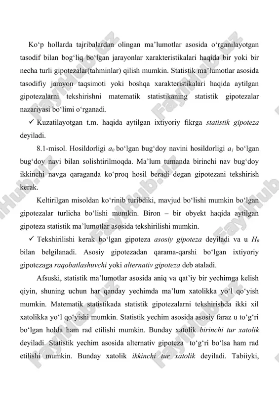 sh mumkin. - tanlanma o‘rta qiymat θ0 va - parametrlik normal qonun bo‘yicha taqsimlangani uchun bu yerda - laplas funksiyasi. tanlangan ixtiyoriy ehtimollik uchun, , tengliklar bajariladigan cα soni har doim mavjud. demak, neyman – pirson teoremasining barcha shartlari qanoatlantiriladi. shu teoremaga asosan t. e. q. alomat mavjud va uning kritik to‘plami quyidagicha aniqlanadi. , mana shu alomatning quvvatini hisoblaylik. alternativ h1 gipotezaga ko‘ra - tanlanmaning o‘rta qiymati θ1 va - parametrli normal qonun bo‘yicha taqsimlangandir. u holda (1) (1) munosabatdan ikkinchi tur xatolik ekanligi kelib chiqadi. endi quyidagi masalani ko‘raylik. aliomatning qiymatdorlik darajasi α ga teng bo‘lganida, ikkinchi tur xatolik β ga teng bo‘lishi uchun nechta kuzatilma kerak?; ya’ni tanlanmaning hajmi qanday bo‘lishi kerak? kerakli n soni topish uchun ikkita tenglamaga egamiz. bular va (2) φ(y)=p tenglamaning yechimini ko‘raylik. bu tenglamaning yechimi yp normal qonunning p – chi kvantili deyiladi. u holda (2) ga asosan . oxirgi ikki tenglikdan …