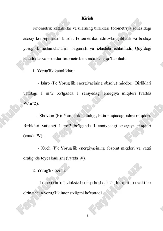 dagi yorug‘lik to‘lqinlariga nisbatan o‘rtacha sezgirlikni xarakterlovchi bunday kattalik ko‘rish funksiyasi deb ataladi. ko‘rish funksiyasini grafik ravishda tasvirlash qiyin, chunki subektiv nuqtai nazardan turli tusdagi nurlarning, masalan, qizil va yashil tusdagi nurlarning xuddi bir xil ravshanligini (yorqinligini) aniqlash mushkul. agar 1 va 2 uzunlikdagi ikkala to‘lqin oqimlariga nisbatan ko‘z sezgirligi bir xil bo‘lsa edi, bo‘lganda, ya’ni quvvatlar teng bo‘lganlarida har ikki maydoncha yorqinligi bir xil bo‘lib ko‘rinar edi. haqiqatda esa subektiv yorqinlikning teng bo‘lishi uchun ikkala oqimning va quvvatlarini turlicha qilib olishga to‘g‘ri keladi: ko‘z qaysi uzunlikdagi to‘lqinni kuchliroq sezadigan bo‘lsa, o‘sha to‘lqin oqimini kamroq quvvatli qilib olish kifoy. shuning uchun ko‘zni ф() ko‘rish funksiyasi vositasida xarakterlab, 1 va 2 bir-biriga yaqin ikki to‘lqin uzunliklariga oid ф() ko‘rish funksiyasining son qiymatlari bir xil yorqinlik hissini o‘yg‘otuvchi va quvvatlarga teskari proporsional, ya’ni (3.1) deb faraz etamiz. spektr sohaning bir bo‘lagidan ikkinchi (qo‘shni) bo‘lagiga ketma-ket muntazam o‘tish yo‘li bilan ko‘rinuvchi butun spektr …