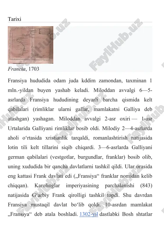 rbiy diktaturasi (dastlab konsullik, 1804-yildan imperiya) urnatiddi. napoleon davrida fransiya kupgina bosqinchilik urushlarini olib bordi, fransiya hududi birmuncha kengayib, yevropada fransiyaga tamomila qaram bulgan davlatlar paydo boʻldi. ammo shunga qaramay, fransiyaning yevropada oʻz hukmronligini oʻrnatishga boʻlgan intilishi magʻlubiyatga uchradi. 1814—1815 va 1815—1830-yillarda burbonlar monarxiyasi qayta tiklandi. 1815-yil martda napoleon yana hokimiyatni egalladi, yuz kundan keyin vaterloo yonidagi jangda (1815-yil 18-iyun) u magʻlubiyatga uchragach, parij sulhiga muvofiq, fransiya 1790 y.gi chegarasiga qaytarildi. 1830-yil iyul inqilobi natijasida burbonlar sulolasi agʻdarib tashlandi. fransiyada monarxiya vujudga keldi, orleanlik gersog lui filipp qirol deb eʼlon qilindi. 1848-yil fevral inqilobi natijasida fransiyada iyul monarxiyasi tugatilib, ikkinchi respublika qaror topdi (184852). 1851-yil 2-dekabrda boʻlib oʻtgan davlat toʻntarishidan soʻng lui napoleon bonapartning harbiy diktatura tuzumi oʻrnatildi. 1852-yil 2-dekabrda u napoleon iii nomi bilan imperator deb eʼlon kilindi. ikkinchi imperiya deb nomlangan tuzum karor topdi (1852— 70). demokratik erkinliklar bekor qilindi. ikkinchi imperiya toʻxtovsiz bosqinchilik urushlari olib bordi. 1870—1771-yillardagi …