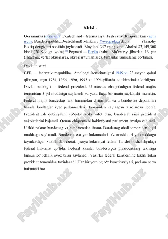 rasmiy davlat tili – nemis tili. dini – xristianlik (nasroniylik). pul birligi – nemis markasi bo‘lgan edi, lekin hozirgi kunda (2002-yilning yanvaridan boshlab) yevro pul birligiga o‘tilgan. milliy bayrami nemis birligi kuni (1990-yil 3-oktyabr gdr va gfr ning birlashgan kuni) hisoblanadi. germaniya – iqtisodiyoti qudratli davlat ijtimoiy bozor iqtisodiyotida aholi farovonligi uchun barcha zaruriy shart-sharoitlar yaratilgan. germaniya urbanizatsiya darajasinihoyatda yuqori bo‘lgan mamlakat bo‘lib, zamonaviy ilmiy-texnologik asosida industriallashgan davlatdir. gfr dunyo mamlakatlari ichida mahsulotlarni ishlab chiqarish va iqtisodiy rivojlanish darajasi bo‘yicha eng yuqori o‘rinlarda turuvchi davlatlardan biri. jahon mamlakatlarida ishlab chiqarilayotgan yalpi milliy mahsulotning (yamm) 7-8 foizi, yevropa ittifoqi mamlakatlarida ishlab chiqarilayotgan yalpi milliy mahsulotning 27-28 foizi gfrga to‘g‘ri kelmoqda. germaniya aholisining 27-28 foizi asosan mamlakatning sanoati rivojlangan iqtisodiy rayonlarida yashashib, mamlakat yammning 23-24 foizini ishlab chiqarmoqda. gfr iqtisodiyotida mashinasozlik sanoati yuqori darajada rivojlangan sohadir. mashinasozlik sanoatida, ayniqsa, metalni qayta ishlash sohasida, metallurgiya, elktrotexnika, konchilik, to‘qimachilik sanoati, shuningdek, qishloq xo‘jalik, mashinasozlik …