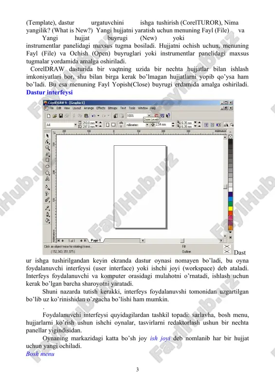 ktlar qilish va muharrirlashda foydalaniladigan buyruqlardan tashkil topgan. shu bilan birga qo’shimcha menu (context-sensitive menu)da kiritilgan bu menu vazifasi joriy bo’lgan instrumentning obyektlari haqida malumot beradi. vositalar satrlari menu satri tagida asboblar satri (toolbars) joylashgan. asboblar satrini ekranning hohlagan joyida va har xil ko’rinishda joylashtirish mumkin. ekranga kerakli oynalarni joriy qilish uchun menuning oyna (window) yordamida amalga oshiriladi va ular ustida quyidagi amallar bajariladi: asboblar (toolbars) satriga sichqonchani o’ng tononi bilan chertib muloqat oynasini paydo etamiz va parametrlar (options), rostlash dan kerakli bo’lgan asboblar tanlanadi. свойства (property bar) vositalar satri свойства (property bar) asboblar satridagi maydonlar va tugmalar yigindisi foydalanilayatgan asboblar yoki tanlangan obyektga bogliq bo’ladi, masalan, asboblar satridagi matn bloki tanlanganda matnning parametrlari ko’rsatiladi. cвойства (property bar) satridagi asboblardan birontasi tanlanmagan holda hujjatning umumiy parametrlari ko’rsatiladi, masalan, sahifa formati, unuig orientatsiyasi va h. ko’rsatadi. holat satri (status bar) ekrandagi ishchi oynaning pastgi qismida holat satri (status bar) joylashgan, bu …