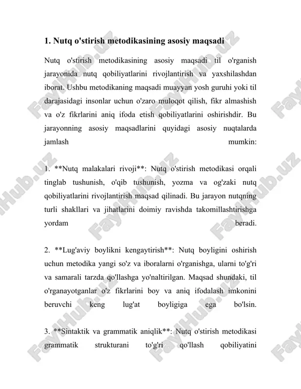 ini keng qamrovli rivojlantirish va ularni samarali muloqot qiluvchi shaxslar sifatida tayyorlashdir. bu esa, o'z navbatida, ularning shaxsiy va professional rivojlanishlariga katta hissa qo'shadi. 2. nutq o'stirishning vazifalari nutq o'stirishning vazifalari juda keng qamrovli mavzu bo‘lib, til o‘rganish jarayonida turli xil jihatlarni o‘z ichiga oladi. bu vazifalar quyidagilarni o'z ichiga olishi mumkin: 1. **kommunikatsiya ko‘nikmalarini rivojlantirish**: nutq o‘stirishning asosiy vazifasi shaxsning kommunikatsion imkoniyatlarini kengaytirishdir. buning uchun talabalar va o‘rganuvchilar bir necha turdagi mashqlar orqali o‘zining nutqini rivojlantirishi lozim. bu mashqlar orqali ular so‘z boyligini oshiradilar, grammatik tuzilmalarni mustahkamlaydilar va talaffuzini yaxshilaydilar. nutq rivojlantirish jarayonida turli simulyatsiyalar, intervyular va ro‘znomalar o‘quvchilar uchun samarali bo‘ladi. 2. **yozma va og‘zaki nutq madaniyatini oshirish**: nutq madaniyatini oshirish boshqa bir muhim vazifa hisoblanadi. bu qismda talaffuz, intonatsiya, so‘z tanlash va ifoda uslubi kabi elementlar katta rol o‘ynaydi. o‘quvchilar uchun og‘zaki va yozma nutqda o‘z fikrlarini aniq va to‘g‘ri tarzda ifoda etish qobiliyatini rivojlantirish muhimdir. shuningdek, …