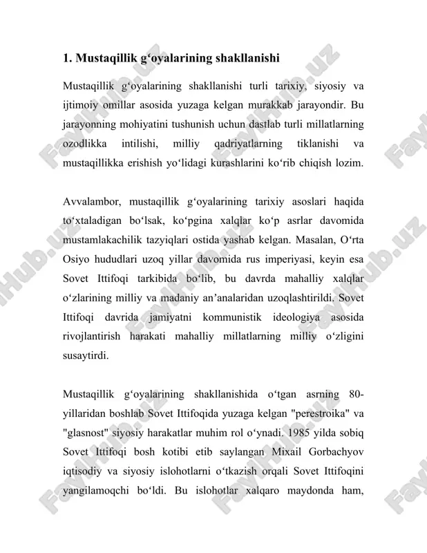 jihatdan yetukligini, milliy yuksalishni taʼminlashdagi qatʼiyatini va kelajak avlodlarning ravnaqi yoʻlidagi intilishlarini aks ettiradi. 2. oʻzbekiston mustaqillik harakati tarixi oʻzbekiston mustaqillik harakati tarixi haqida ma'lumot oʻzbekiston mustaqillik harakati asosan 1980-yillarning oxiri va 1990-yillarning boshlarida kuchaygan. bu davrda sobiq sovet ittifoqi tarkibida boʻlgan oʻzbekiston oʻzining mustaqil davlat sifatida shakllanishiga intilishni boshladi. mustaqillik harakati ikkita asosiy yoʻnalishda rivojlandi: madaniy va siyosiy. 1989-yilda islom karimov oʻzbekiston kommunistik partiyasi birinchi kotibi etib saylandi. shu yilning oʻzida oʻzbekiston ssrda oʻzbek tiliga davlat tili maqomi berildi, bu esa milliy oʻzlikni mustahkamlash yoʻlidagi muhim qadam edi. 1990-yil 20-iyunda oʻzbekiston ssr oliy soveti mustaqillik deklaratsiyasini qabul qildi, bu esa oʻzbekistonning suveren davlat sifatida qadam qoʻyganini bildiradigan huquqiy asos hisoblanadi. 1991-yil 31-avgustda oʻzbekiston o‘zining davlat mustaqilligini e'lon qildi. shu yilning 1-sentabrida mustaqillikning birinchi kuni milliy bayram sifatida nishonlanadigan qilib belgilandi. 1991-yil 29-dekabrda oʻzbekistonda o'zbekiston respublikasining birinchi prezidenti saylovi o'tkazildi va islom karimov prezident etib saylandi. shu tariqa, oʻzbekiston rasmiy …