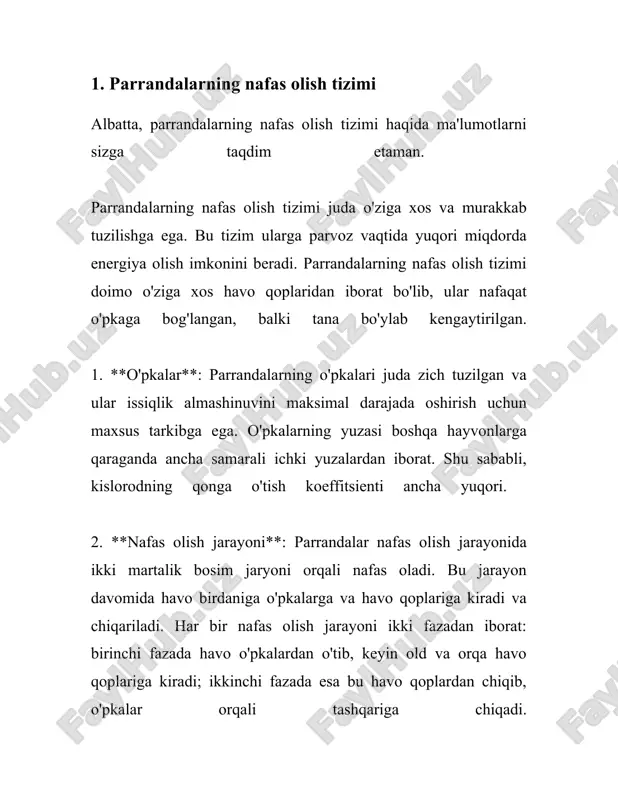 di. bu teshiklar ko‘pincha kattagina bo‘lib, ularga kirgan havo tozalash va namlanish jarayonidan o‘tadi. 2. **trakeya (havo trubasi)**: havo burun teshiklaridan o'tgandan keyin trakeyaga tushadi. trakeya halqum orqali kimsasiz o‘tadi va ikkiga bo‘linib, bronxlarga ajraladi. 3. **bronxlar va bronxiollar**: trakeyadan keyin havo bronxlarga tushadi. parrandalarda bronxlar keyinchalik ishorchi qismlarga - bronxiollarga ajraladi, bu esa havo alvelolarga yo‘naltirilishini ta'minlaydi. 4. **o‘pkalar**: o‘pkalar havo almashtirishning asosiy joyi hisoblanadi. parrandalarda o‘pkalar o‘rtacha diametri kichikroq bo‘lib, boshqa hayvonlar bilan solishtirganda biroz zichroq strukturaga ega. bu struktura havo almashtirishning yuqori samaradorligini ta'minlaydi. 5. **havo qoplari**: parrandalar nafas olish tizimining eng katta o‘ziga xos jihati - bu havo qoplaridir. parrandalarda 9 ta havo qopi mavjud bo‘lib, ular havo almashinuvida muhim rol o‘ynaydi. bu qoplar nafaqat havo saqlash, balki havo oqimini tartibga solishda ham ishtirok etadi. ### nafas olish jarayoni parrandalarda nafas olish jarayoni ikki bosqichdan iborat: **nafas olish** va **nafas chiqarish**. - **nafas olish**: bu bosqichda …