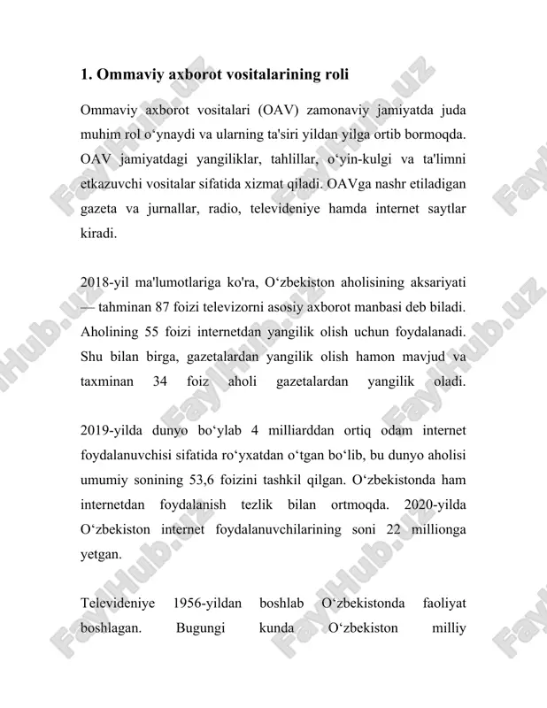 arajasini oshirish ham dolzarb masalalardan biri hisoblanadi. shu boisdan, 2020-yilning noyabr oyida o‘zbekiston hukumati tomonidan ommaviy axborot vositalarini rivojlantirish strategiyasi qabul qilingan. mazkur strategiya oavning rolini oshirish, ularni erkin va mustaqil faoliyat ko‘rsatishi uchun qulay sharoitlar yaratishga qaratilgan. 2. oav huquqiy me'yorlari "oav huquqiy me'yorlari" deb atalmish mavzu o'zbekiston respublikasida ommaviy axborot vositalarining (oav) faoliyatini tartibga soluvchi qonun va normativ hujjatlar yig'indisini anglatadi. ushbu huquqiy me'yorlar jurnalistlar va oavning erkin faoliyat yuritishini, axborot yetkazishdagi erkinlik va mas'uliyat muvozanatini ta'minlashga qaratilgan. o'zbekiston respublikasida oavga oid huquqiy me'yorlar asosan quyidagi asosiy qonunlarni o'z ichiga oladi: 1. **o'zbekiston respublikasi ommaviy axborot vositalari to'g'risida qonuni:** ushbu qonun oavning tashkil etilishi, faoliyati va faoliyatni tugatish jarayonlari haqida asosiy qoidalarni o'z ichiga oladi. 2021-yilda oav to'g'risidagi qonunning yangi tahriri qabul qilindi, bunda sohani axborot-kommunikatsiya rivojlanishlari bilan moslashtirishga qaratilgan o'zgartirishlar kiritildi. 2. **axborot erkinligi to'g'risidagi qonun:** bu qonun fuqarolar va tashkilotlarning axborot olish huquqini kafolatlaydi. axborot yetkazib …