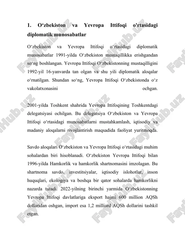-iqtisodiy hamkorligi sohasidagi aniq ma'lumotlarni taqdim etaman. oʻzbekiston va yevropa mamlakatlari oʻrtasidagi savdo-iqtisodiy aloqalar yildan-yilga kengaymoqda. oʻzbekiston respublikasining asosiy savdo hamkorlari orasida yevropadagi ba'zi mamlakatlar muhim oʻrinni egallaydi. masalan, germaniya, buyuk britaniya, fransiya, va italiya kabi davlatlar oʻzbekiston bilan oʻzaro savdo aylanmasida sezilarli hissasini qoʻshadi. 2022-yil ma'lumotlariga koʻra, germaniya oʻzbekistonning yevropadagi eng yirik savdo hamkorlaridan biri sifatida koʻrsatiladi. savdo aylanmasi hajmi qariyb 1 milliard aqsh dollariga yetgan. germaniyadan oʻzbekistonga asbob-uskunalar, kimyoviy mahsulotlar, va avtomobil qismlari import qilinadi. oʻzbekiston esa germaniyaga paxta, meva va sabzavotlar, va farmatsevtika mahsulotlarini eksport qiladi. fransiya bilan savdo-iqtisodiy hamkorlik ham ortib bormoqda. 2022-yilda fransiya bilan savdo aylanmasi 300 million aqsh dollaridan oshdi. fransiyaga asosan toʻqimachilik mahsulotlari va meva-sabzavotlar eksport qilinadi. import esa asosan texnologik asbob-uskunalar va kimyoviy vositalardan iborat. buyuk britaniya bilan oʻzbekiston oʻrtasidagi savdo aylanmasi 2022-yilda 200 million aqsh dollaridan oshdi. bu mamlakatdan oʻzbekistonga mashinasozlik mahsulotlari va texnologiyalar import qilinadi, eksport esa paxta va tayyor …