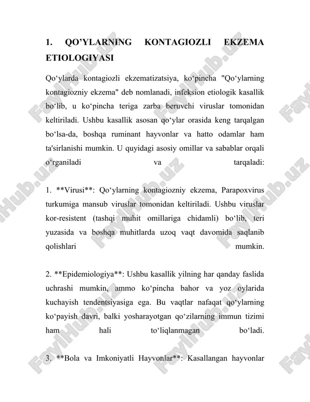 a) yoki pastёnka nomi bilan tanilgan yuqumli kasallik bo’lib, viruslar tomonidan qo’zg’atiladi. bu kasallik parapoxvirus tomonidan chaqiriladi va odatda qo’y va echkilarni zararlaydi. kontagioz ekzema simptomlari quyidagicha namoyon bo’ladi: 1. **dastlabki belgilari**: kasallik odatda hayvonning og’zi atrofida yoki yuz qismida mayda qizil dog’lar sifatida boshlanadi. bu dog’lar keyinchalik o’choqli tarzda tarqalishi mumkin. 2. **pufakchalar**: dog’lar qizarishi ortidan, bir necha kun ichida, o’sha joylarda mayda pufakchalar (vezikullar) paydo bo’ladi. bu pufakchalar ichida tiniq suyuqlik mavjud bo’ladi va ko’pincha guruh bo’lib keladi. 3. **qo’rqmaktadır**: pufakchalar tezda yoriladi va ularning o’rnida yaralar hosil bo’ladi. yaralar bunga o’xshash infektsiyalar bilan yuqishga moyil. ushbu jarayon 1-2 hafta davomida rivojlanishi mumkin. 4. **yara hosil bo’lish**: yorilgan pufakchalar infektsiyalanib, qalin qo’yishiq qizg’ish yoki sariq po’stlog’air hosil qiladi. bu yaralar ko’p hollarda katta maydonlarni ega bo’ladi va yaralar 3-4 haftagacha davomida qolishi mumkin. 5. **ko’pikli shishlar**: ba’zi hollarda, maxsus ko’pikli shishlar yuzaga kelishi mumkin, bu esa og’riq beruvchi …