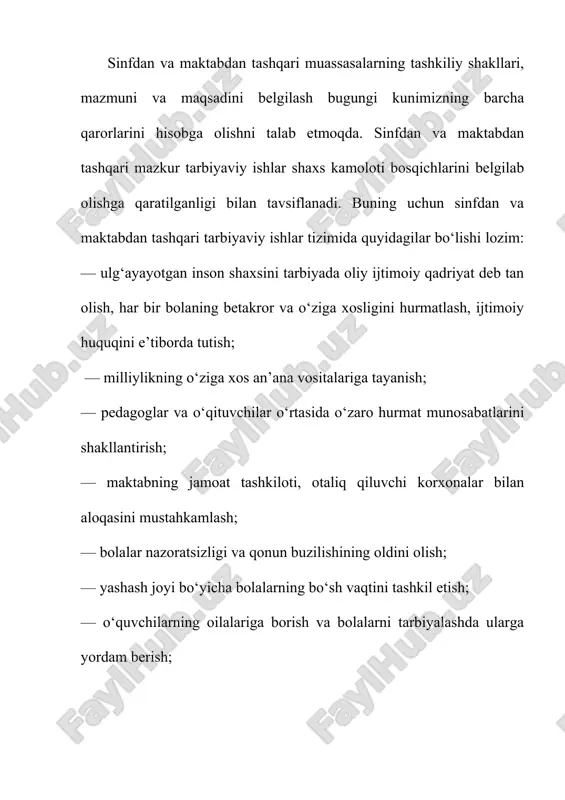 arbiyaviy ishlar tashkilotchilari tomonidan uyushtiriladi. tarbiyaviy ishning asosiy yo‘nalishlari: — o‘quvchilarda ilmiy dunyoqarash asoslarini shakllantirish, ularni milliy istiqlol ruhida tarbiyalash; — o‘quvchilarda axloq madaniyatini, ularning o‘z huquq va burchlariga nisbatan ongli munosabatni tarbiyalash; — o‘quvchilarning ijtimoiy foydali mehnatini tashkil etish; — o‘quvchilarda o‘z-o‘zini boshqarish malakalarini shakllantirishdir. boshlang‘ich sinf o‘quvchisi va sinf rahbari faoliyatining asosiy vazifalaridan biri o‘quvchilarning ahil tarbiyaviy jamoasini tashkil etishdir. boshlang‘ich jamoa ishi shunday quriladiki, undan sinfning boshqa jamoalari bilan aloqasi doimiy ravishda amalga oshiriladi, umumiy maktab an’analari saqlanadi. boshlang‘ich jamoa o‘qituvchi-tarbiyachi va sinf rahbari, o‘quvchilar o‘z-o‘zini boshqarish organlari rahbarligida umummaktab ijtimoiy foydali ishlari faoliyatida ishtirok etadi. o‘qituvchi va sinf rahbari sog‘lom, ahil bolalar jamoasini shakllantirish bilan birga doimiy bolalar qiziqishlarini qo‘llab-quvvatlaydilar, ularning ijtimoiy foydali faoliyatini yo‘naltirib boradilar. kichik yoshli o‘quvchilar juda faol va harakatchan bo‘ladilar. faollikka intilish bu yoshdagi bolalarning organik ehtiyojidir. biroq bunda bolalar hali yetarli hayotiy tajribaga ega bo‘lmaydilar va kundalik pedagogik rahbarlikka ehtiyoj sezadilar. …