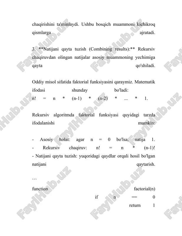ar dasturlashda va matematikada muhim mavzular bo‘lib, masalalarni yechishda ikki xil yondashuvni tushuntiradi. **rekursiv yechimlar:** rekursiya bu funktsiyaning o‘zini o‘zi chaqirishiga asoslangan yondashuvdir. bu usul yordamida biron-bir masala kichikroq masalaga ajratilib, oxir-oqibat bazaviy holatga yetadi va o‘sha bazaviy holatdan yechim hosil qilinadi. 1. **faktorial funktsiyasi**: n faktorial (n!) rekursiv tarzda quyidagicha hisoblanadi: - n! = n * (n-1)! agar n > 0 - 0! = 1 bazaviy holat. rekursiv algoritmlar quyidagi afzalliklarga ega: - qo‘llanilishi oson, ayniqsa ayrim masalalar uchun. - kodingizni soddalashtirishi mumkin. biroq, rekursiv yechimlar resurs talab qilishi mumkin, xususan ko‘p zahira - funksiya chaqiriqlari yig‘iladi va stek xotira tez to‘lib ketishi mumkin. ba'zi masalalar uchun rekursiv yondashuv turingik rekursiya yoki dinamik dasturlash bilan optimallashtiriladi, bu xotira sarfini kamaytiradi. 2. **fibonacci qatori**: rekursiya yordamida fibonacci soni quyidagicha hisoblanadi: - f(n) = f(n-1) + f(n-2) agar n > 1 - f(0) = 0 va f(1) = 1 bazaviy holatlar. …