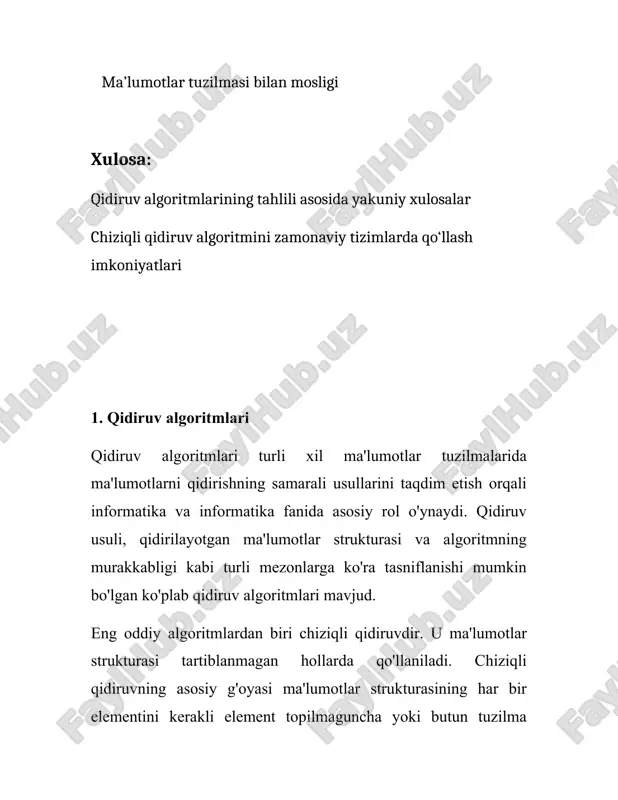 atafsil tekshirish amalga oshiriladi. algoritmning samaradorligi ko'p jihatdan ishlatiladigan xesh funktsiyasi sifatiga bog'liq. grafiklar, shuningdek, maxsus qidiruv algoritmlaridan foydalanadi - chuqurlikdan birinchi qidirish (dfs) va kenglikdan birinchi qidirish (bfs). ikkala algoritm ham o'tish va grafiklarni qidirish uchun muhimdir. dfs quyidagi printsipdan foydalangan holda grafikni o'rganadi: ildiz tugunidan boshlab, algoritm orqaga qaytish va boshqa yo'llarni o'rganishdan oldin eng tashqi tugungacha chuqur boradi. bfs, aksincha, ildizdan boshlab, qo'shni cho'qqilarni tahlil qilib, grafikning har bir darajasini o'rganadi. ikkala algoritmning vaqt murakkabligi o (v + e) shaklida ifodalanishi mumkin, bu erda v - tepalar soni va e - grafikdagi qirralarning soni. ushbu qidiruv algoritmlari ma'lumotlar bazalari va qidiruv tizimlaridan tortib matn va grafiklarni qayta ishlashgacha bo'lgan turli sohalarda keng qo'llaniladi. ularning vaqtinchalik va fazoviy murakkabligini tushunish va optimallashtirish samarali dasturiy ta'minotni yaratishda asosiy rol o'ynaydi. 2. algoritmlarni qiyosiy tahlil qilish ### algoritmlarni qiyosiy tahlil qilish algoritmlarni qiyosiy tahlil qilish shunga o'xshash muammolarni hal qilish …