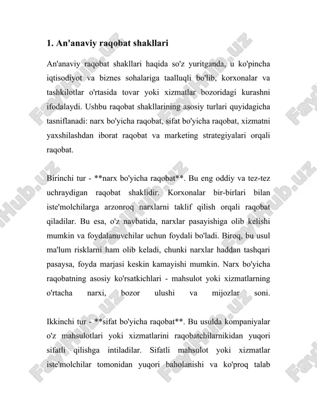 o'z narxlarini, xizmat ko'rsatish darajasini va sifatni yaxshilab, bozorning yetakchi subyektlaridan bo'lishga intiladilar. 2. monopoliya va oligopoliya monopoliya va oligopoliya - bu iqtisodiyotda raqobatning ikki xil shakli bo'lib, ular bozor tuzilishini, kompaniyalar orasidagi raqobatni va iste'molchilarning tanlovini katta darajada ta'sir qiladi. **monopoliya** 1. **ta'rifi:** monopoliya bu bitta firma yoki kompaniya butun bozorda yagona yetkazibchi bo'lganda sodir bo'ladi. monopol ustunligiga erishgan firma boshqa raqobatchilarga nisbatan kuchli bo'ladi. 2. **xususiyatlari:** - **bozorda bitta yetkazibchi:** monopoliyadagi asosiy xususiyat - bu bozorda yagona yetkazibchi bo'lishidir. - **yuqori narx qo'yish qobiliyati:** monopolistlar bozorda yagona bo'lganligi sababli, ular narxlarni o'z xohishiga ko'ra belgilashlari mumkin. - **bozor to'siqlari:** yangi raqobatchilar uchun bozorda kirish qiyin bo'lganligi sababli, monopoliyaga kirish to'siqlari yuqori bo'ladi. 3. **misollar:** ko'p mamlakatlarda infratuzilma tarmoqlari, masalan, elektr yoki suv ta'minoti kabi xizmatlar davlat monopoliyalari bo'lishi mumkin. 4. **statistik belgilar:** - ilmiy statistikaga ko'ra, aqshda monopol firmalar soni moliya sektorida ma'lum bir vaqt davomida 50% ga …