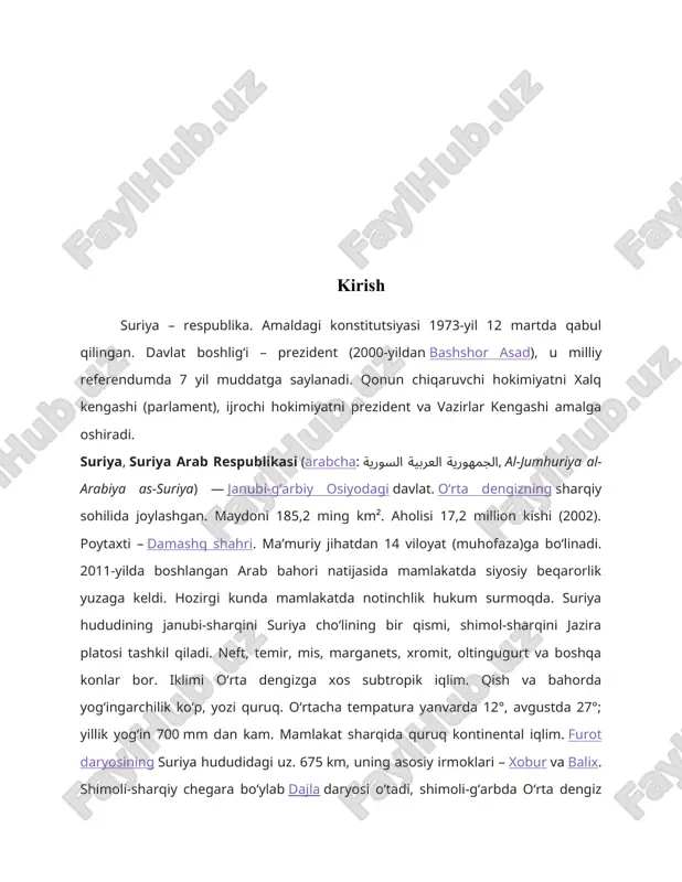 xonalar bor. hunarmandchilik (oltin, kumush, misdan turli buyumlar tayyorlash) rivojlangan. asosiy sanoat markazlari – damashq, halab, hims, loziqiya, tartus. transport yoʻli uzunligi – 1,8 ming km, avtomobil yoʻllari –39,2 ming km, neft quvurlari – 805 km. asosiy dengiz portlari – loziqiya, tartus, baniyos damashqda xalqaro aeroport bor. iroq va saudiya arabistonidan oʻrta dengiz sohiliga tortib kelingan koʻpgina neft quvurlari suriya hududidan oʻtadi. suriya chetga neft va neft mahsulotlari, fosforit, paxta, qishloq xoʻjaligi. mahsulotlari, teri, jun va boshqa chiqaradi, chetdan mashina va uskuna, transport vositalari, oziqovqat, kimyo mahsulotlari va boshqa keltiradi. germaniya, fransiya, italiya, rossiya, livan, gretsiya bilan savdo qiladi. suriyaning oʻzbekiston respublikasi bilan 2002-yildagi tovar aylanmasi 1,7 mln. aqsh dollarini tashkil etdi. pul birligi – suriya funti. 2011 yildan buyon davom etib kelgan harbiy mojarolar suriya iqtisodiyotida kutilgan yaim o‘sishi va amalda kuzatilgan o‘sish o‘rtasidagi farq 226 milliard dollar bo‘lishiga olib keldi. bu haqda jahon banki hisobotida keltirilgan. bank tahlilchilari …
