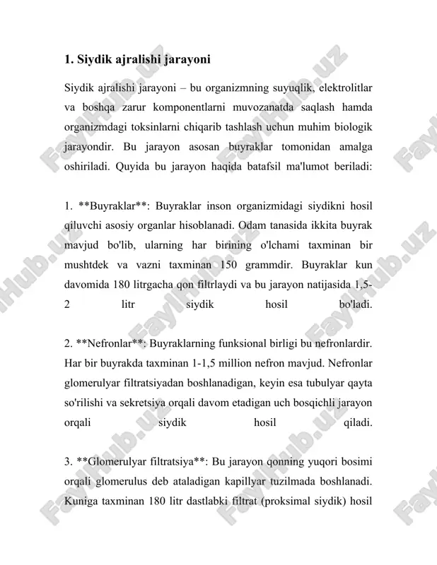 *: buyraklarning eng asosiy vazifalaridan biri qonni filtratsiya qilishdir. har kuni taxminan 150–180 litr qon buyraklar orqali o‘tadi va ular taxminan 1-2 litr suv va chiqindilarni peshob sifatida chiqarib tashlaydi. buyraklarda nefron deb ataluvchi millionlab mikro tuzilmalar mavjud bo‘lib, ular o‘z navbatida qonni filtrlaydi va chiqindilarni yig‘ib, organizmdan chiqaradi. 2. **ekstraksiya va chiqarish**: nefronlarda ishlab chiqarilgan filtrat moddalari, masalan, keraksiz metabolitlar, ortiqcha tuzlar, va suv buyrak tubulalari orqali harakatlanadi va peshob shaklida tanadan chiqariladi. shu jarayon yordamida ortiqcha va zararli moddalar tanadan chiqariladi. 3. **vazidintartibga solish**: buyraklar organizmda suyuqlikning kerakli darajada ushlab turilishida muhim o‘rin egallaydi. ular suv balansini saqlash orqali qon bosimini tartibga solishda hizmat qiladi. bu jarayon natijasida ortiqcha suv peshob shaklida chiqib ketadi va kerakli miqdorda suv organizmda saqlanib qoladi. 4. **elektrolitlar balansini tartibga solish**: buyraklar natriy, kaliy, kaltsiy va fosfat kabi elektrolitlar miqdorini muvozanatda ushlab turadi. bu elektrolitlar organizmning turli fiziologik jarayonlarida ishtirok etadi, masalan, nerv …
