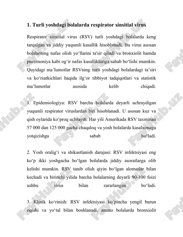 arqalgan, biroq katta yoshdagilar ham unga chalinishi mumkin. ushbu virus shifokorlar tomonidan bolalarda bronxiolit va pnevmoniyani keltirib chiqaruvchi eng muhim sabab sifatida e'tirof etiladi. infeksiyaning belgilari va alomatlari quyidagicha: 1. **burun oqishi va tıg‘ilishi**: rsv infeksiyasi, boshqa nafas olish yo‘llari infeksiyalari kabi, ko‘pincha burun oqishi va burun tıg‘ilishi bilan boshlanadi. bu alomatlar boshqa umumiy shamollash belgilariga o‘xshaganligi sababli, dastlab infeksiya rsv ekanligiga shubhalanish qiyin bo‘lishi mumkin. 2. **yo‘taldan aziyat chekishi**: ko‘p hollarda, bemorlar yo‘taldan azob chekadi. yo‘tal quruq yoki nam bo‘lishi mumkin va u uzoq davom etishi ortiqcha charchashga olib kelishi mumkin. 3. **tana haroratining ko‘tarilishi**: rsv infeksiyasiga chalingan odamlar ko‘pincha subfebril holatda bo‘ladi, ya'ni tana harorati 37-38°c orasida bo‘ladi. ba'zida, ayniqsa yosh bolalarda, isitma 38°c dan ortishi mumkin. 4. **nafas olish qiyinchiliklari**: rsv infeksiyalari nafas yo‘llarining torayishi va shishishi natijasida nafas olishni qiyinlashtiradi. bu bronxiolit bilan bog‘liq bo‘lib, ayniqsa kichik bolalarda sezilarli bo‘ladi. ular nafas olish paytida hirillash yoki …