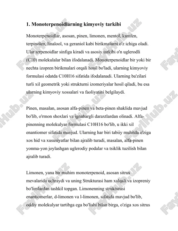 oat va tibbiy qo'llanilishiga imkon beradi. 2. atsiklik va alifatik monoterpenoidlar atsiklik va alifatik monoterpenoidlar o'simlik efir moylarida keng tarqalgan organik birikmalar sinfidir. monoterpenoidlar ikki izopren birikmasidan hosil bo'ladi va ular odatda uglerod atomi soniga qarab monotsiklik va politsiklik shakllarga ega bo'lishi mumkin. atsiklik monoterpenoidlar esa tsiklsiz monoterpenoid turlarini ifodalaydi. ushbu birikmalar ko'plab o'simliklar va mevalarda uchraydi va ular o'simliklar himoyasida va ekologik hamkorlikda muhim rol o'ynaydi. atsiklik monoterpenoidlar orasida eng ko'p uchraydiganlari geraniol, linalool, va neral hisoblanadi. har birining o'ziga xos xushbo'y hidi va o'simlik biologiyasida alohida roli mavjud. masalan, geraniol roza gulida, limon va boshqa sitrus mevalarida mavjud bo'lib, u o'zining gulga xos ifori bilan mashhur. ushbu qo'shma modda atirlar va kosmetika sanoatida keng foydalaniladi. kimyoviy formulasi c10h18o bo'lgan geraniolning molekulyar vazni 154.25 g/mol tashkil etadi. alifatik monoterpenoidlar ham xuddi shunday organik tarkibni ko'rsatadi, lekin ularning uglerod zanjirlari to'g'ri yoki tarmoqlangan bo'lishi mumkin. bu turdagi monoterpenoidlar o'z ichiga …